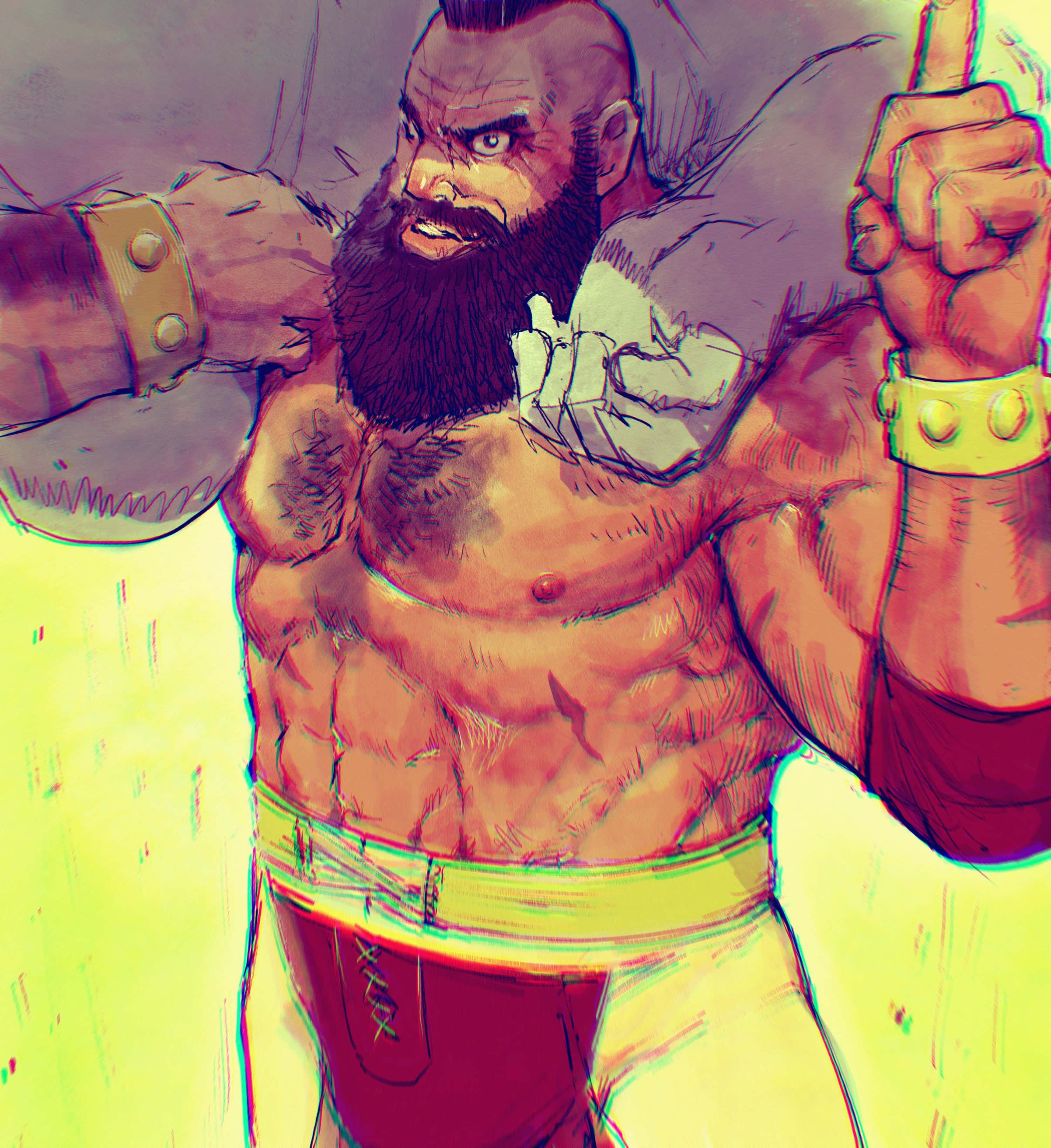 Zangief, Street Fighter, glitchy background, 2K Phone Wallpaper
