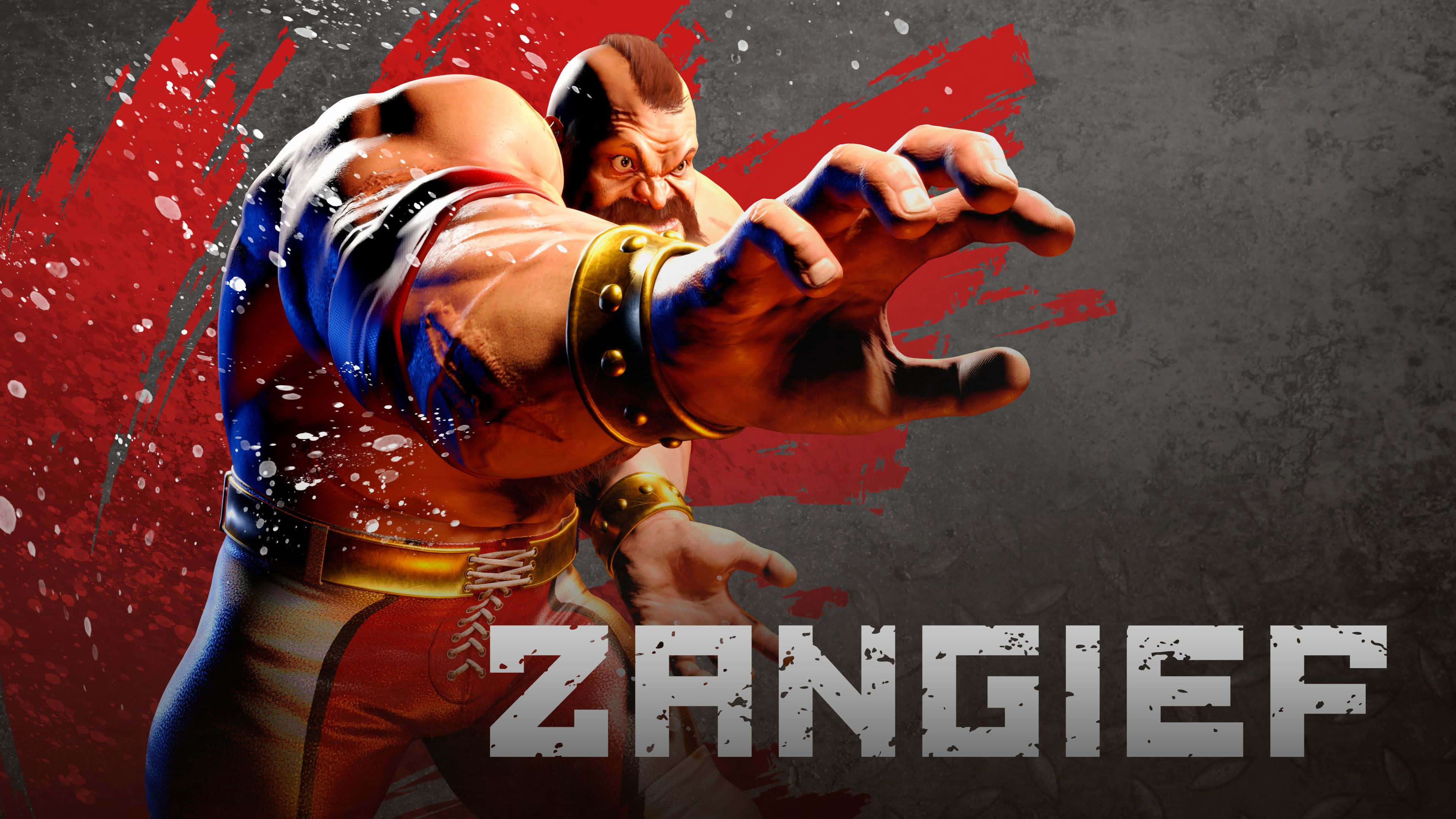 Street Fighter Zangief, red blue and gold gear, fierce expression, 4K Desktop Wallpaper