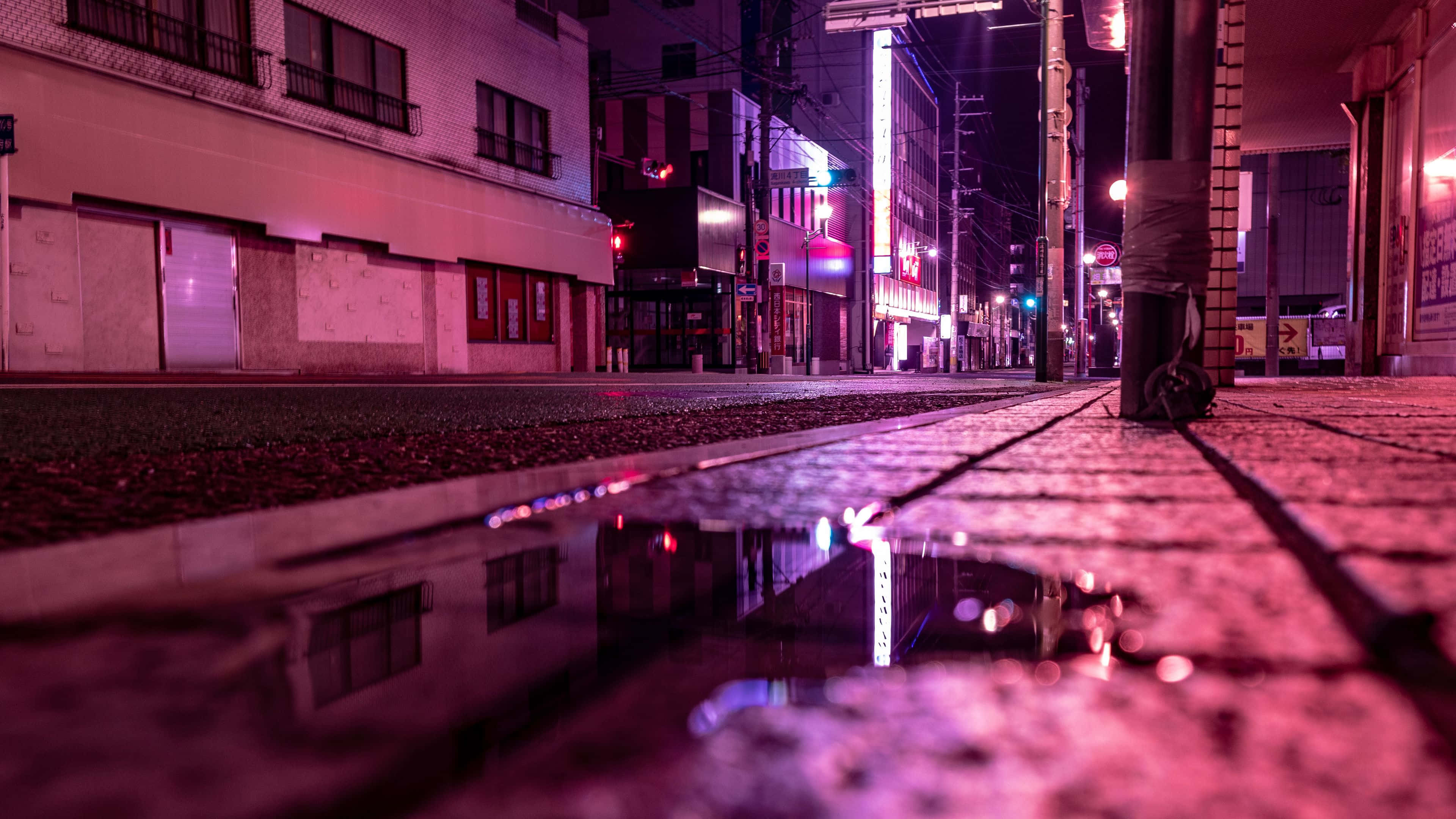 Night Street, pink light, rain-slicked city street, 4K Desktop Wallpaper