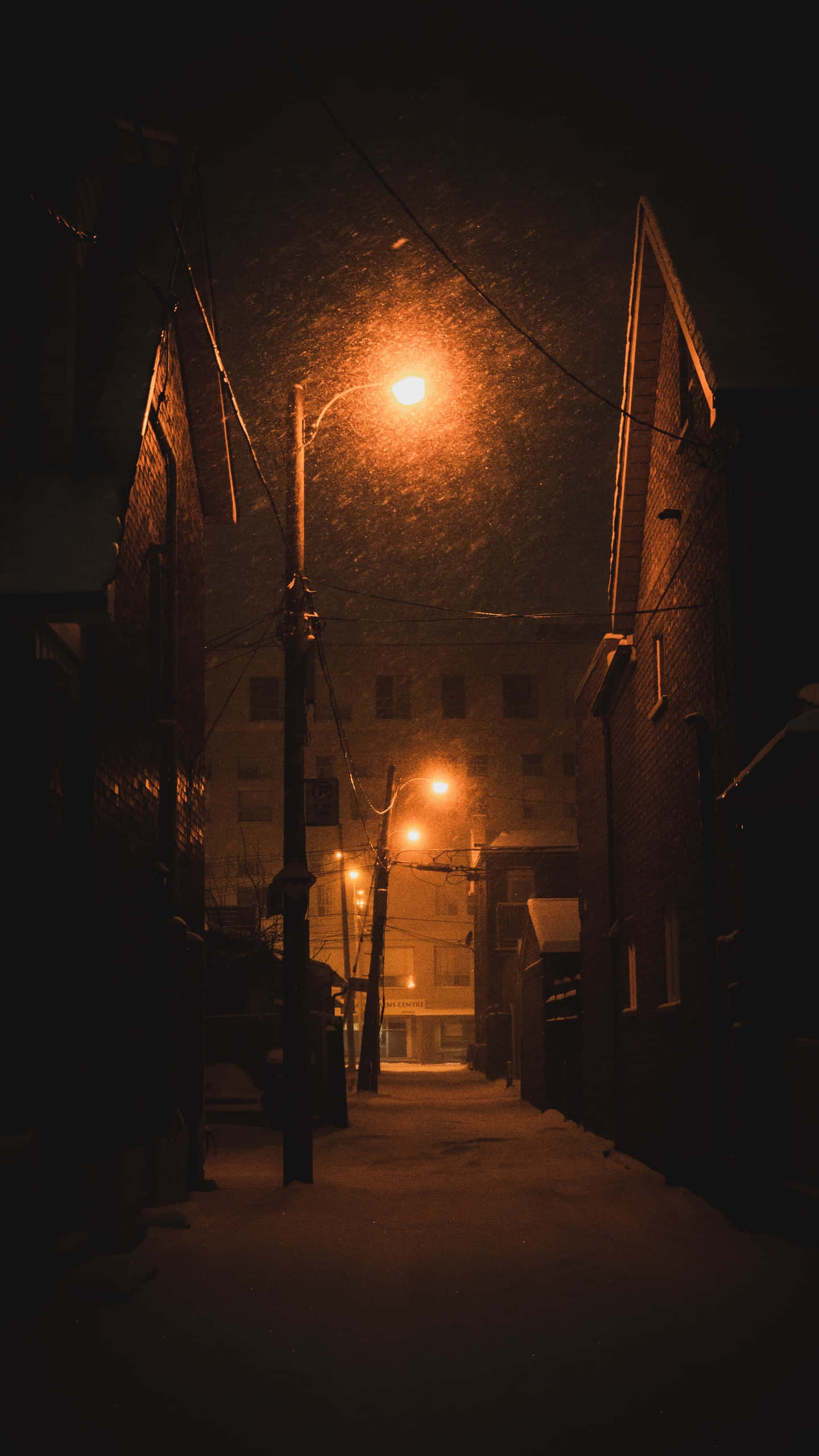 Street Light, warm streetlights, snowy alley, 2K Phone Wallpaper