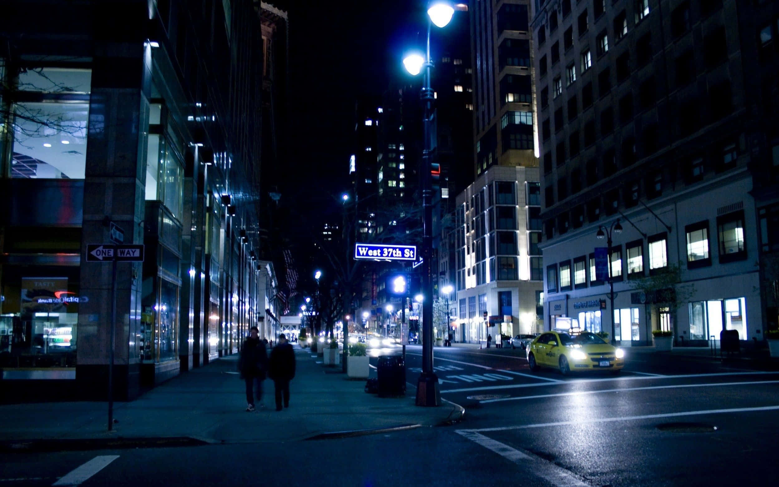 Night Street, yellow taxi, glowing streetlights, Full HD Desktop Wallpaper