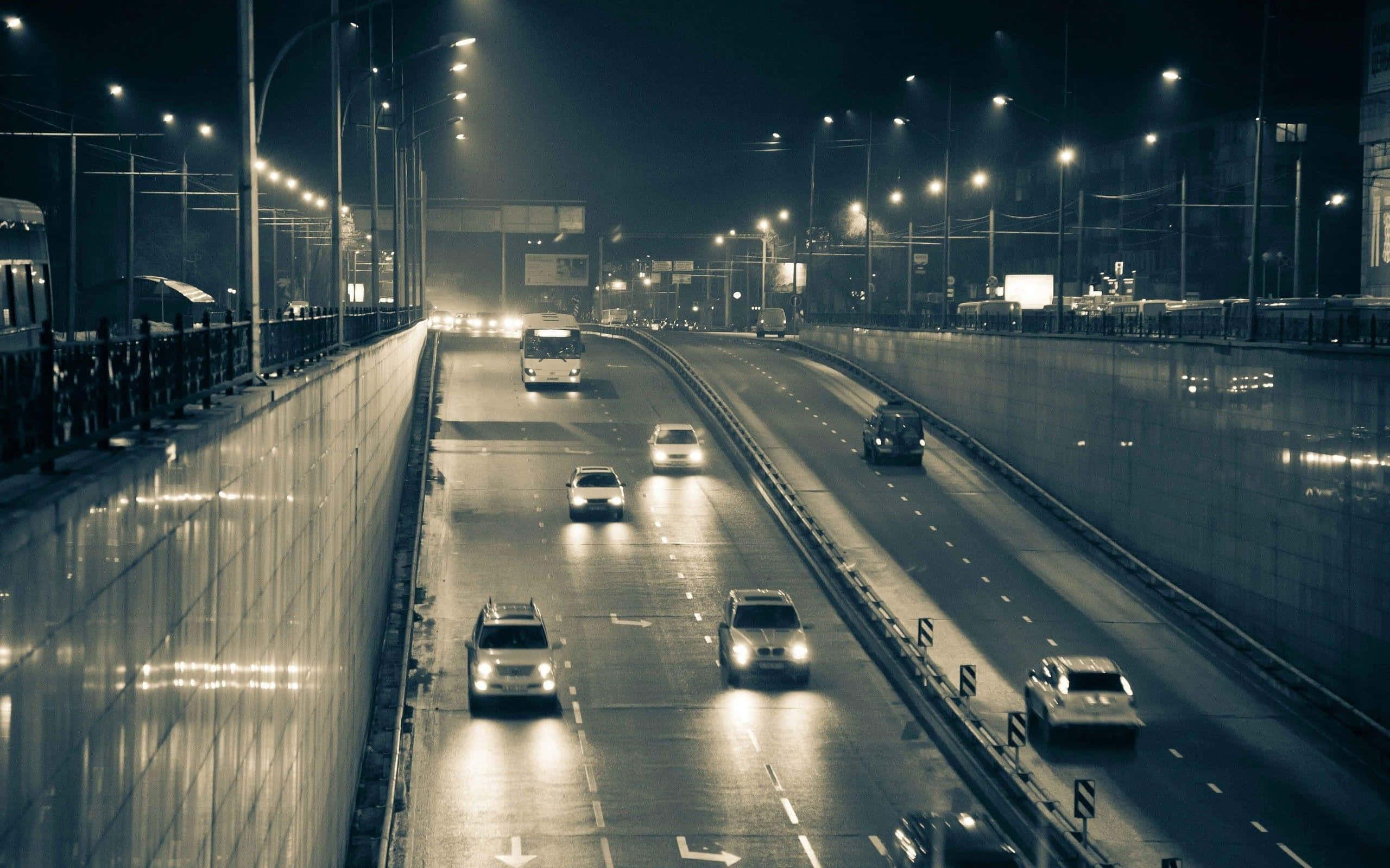 street light, nighttime highway, cars, 2K Desktop Wallpaper