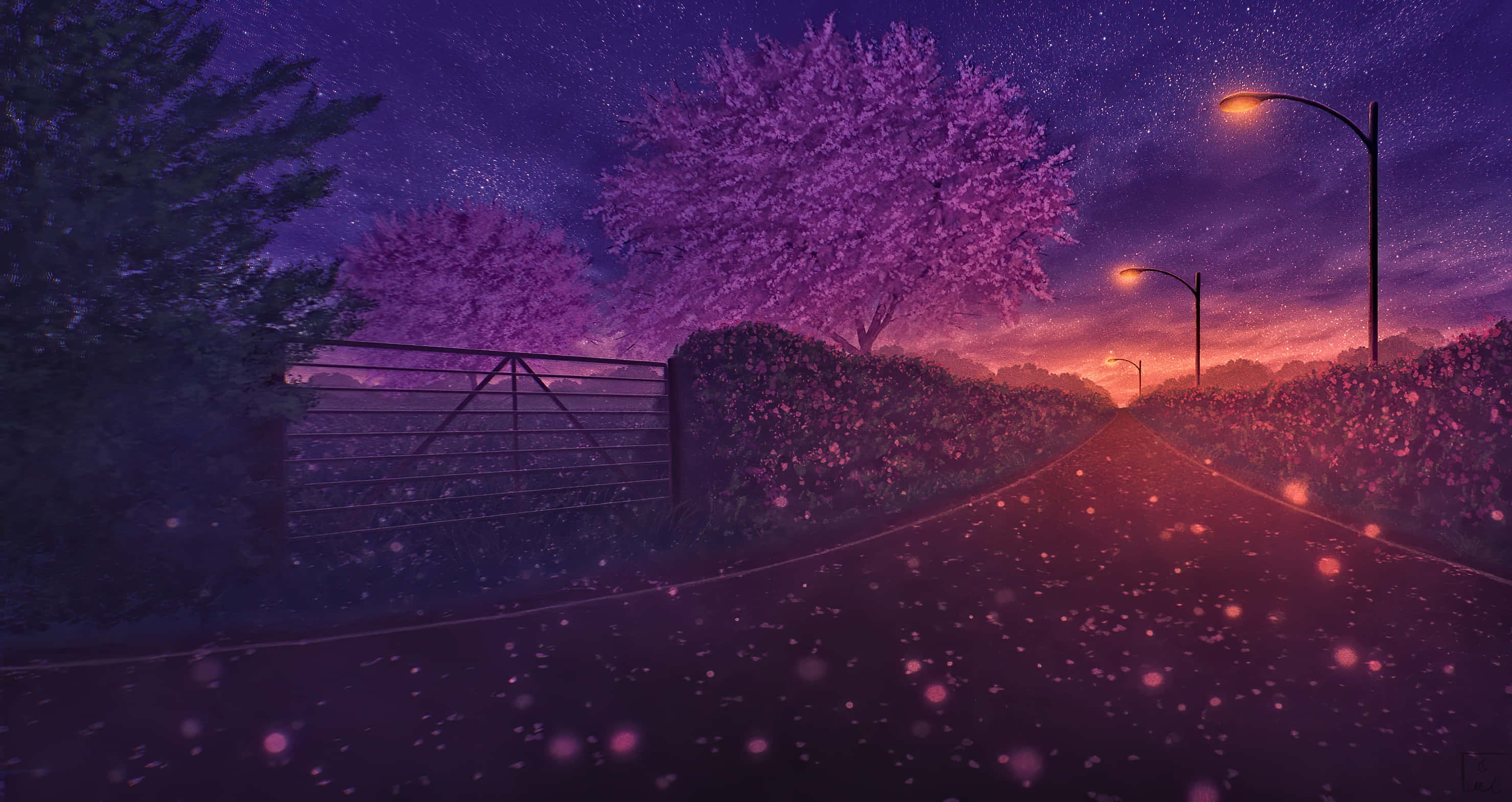 Street Light, winding road, starry twilight sky, 2K Desktop Wallpaper