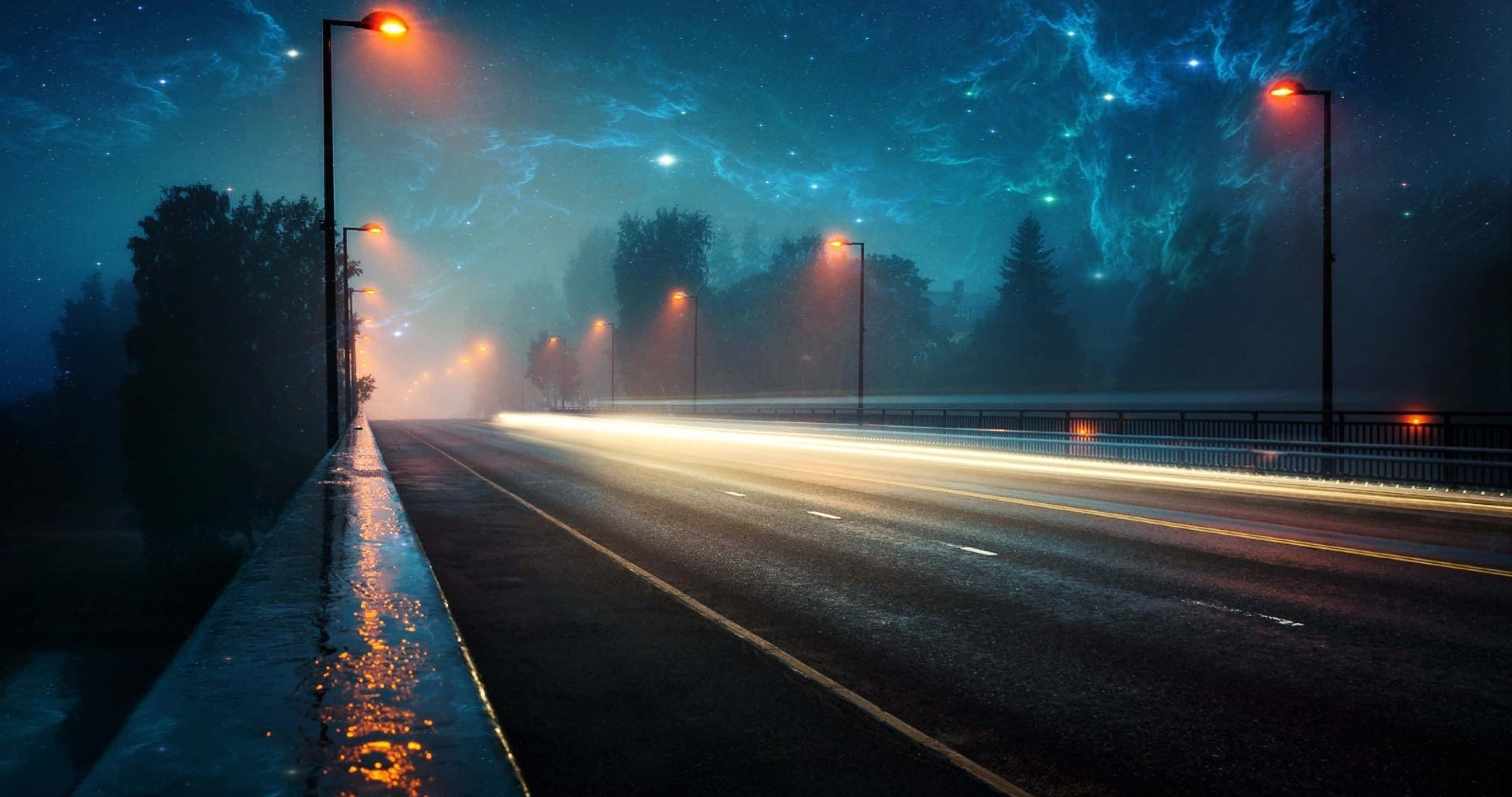 Night Street, glowing streetlights, streaks of car lights, 4K Desktop Wallpaper