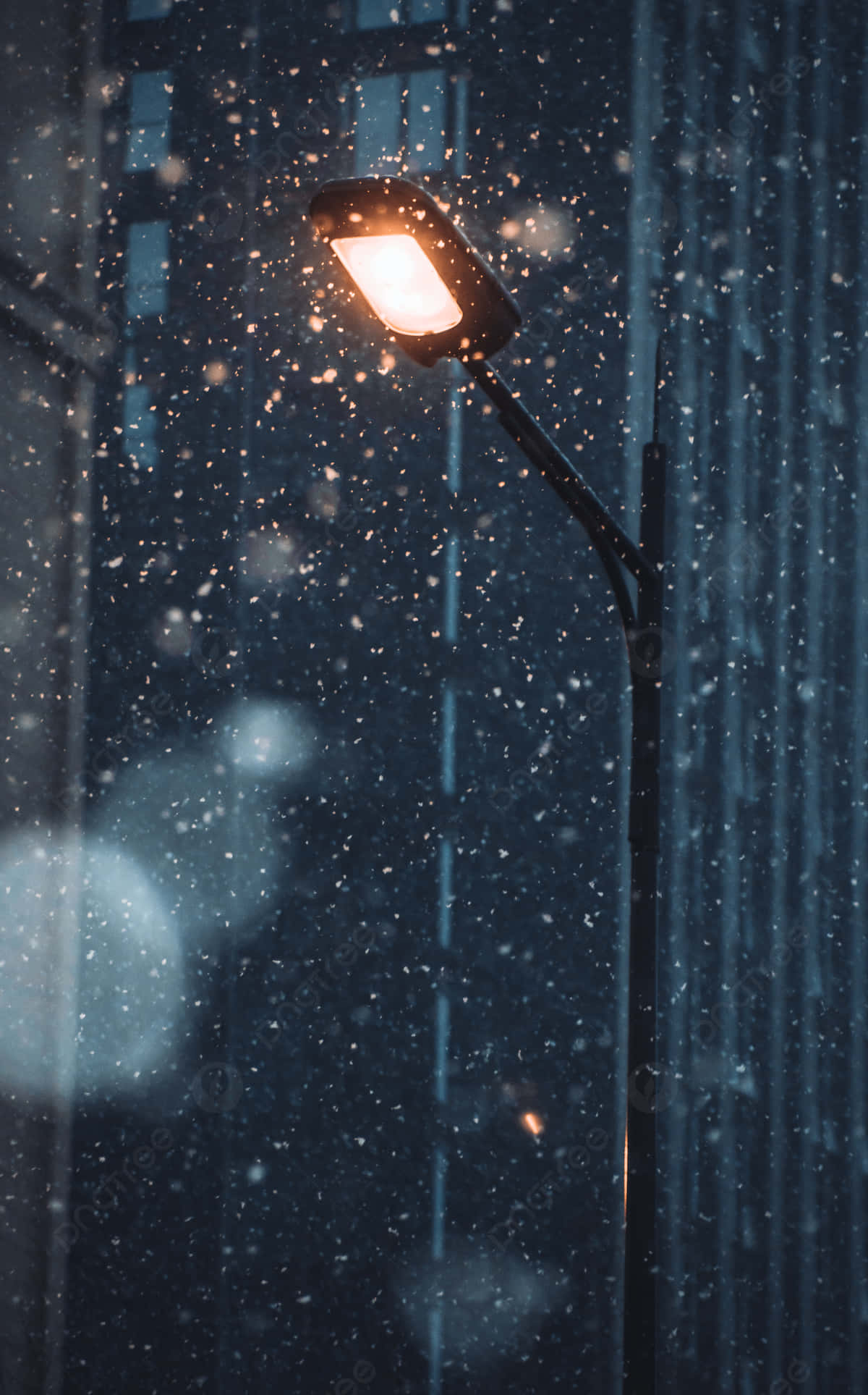 street light, snow, warm glowing streetlamp, Full HD Phone Wallpaper