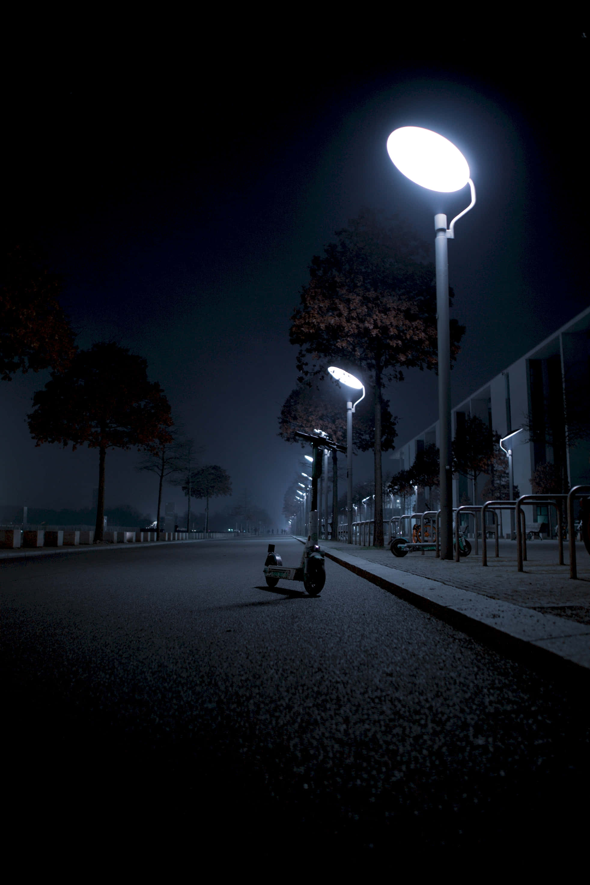 streetlamp, foggy empty road, night, 2K Phone Wallpaper