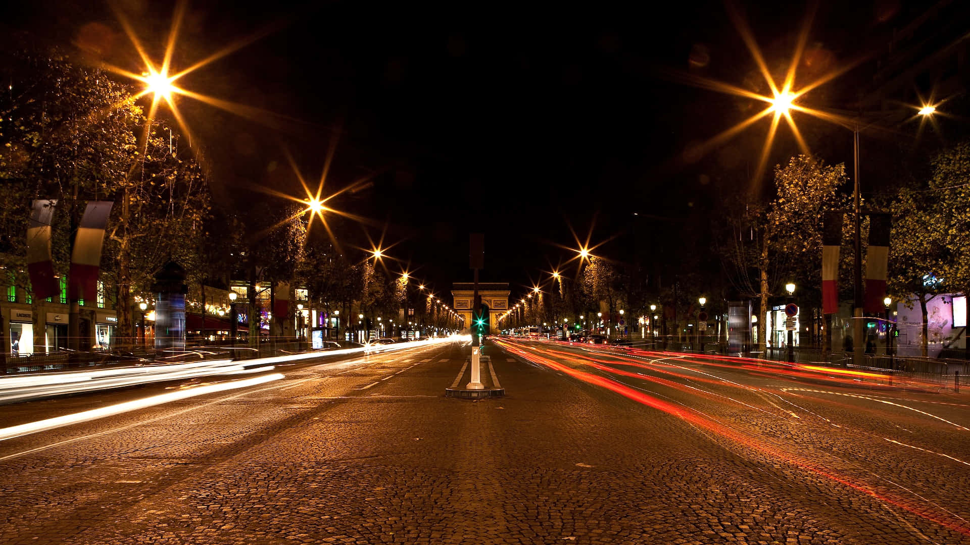 street light, cobblestone avenue, glowing streetlights, Full HD Desktop Wallpaper