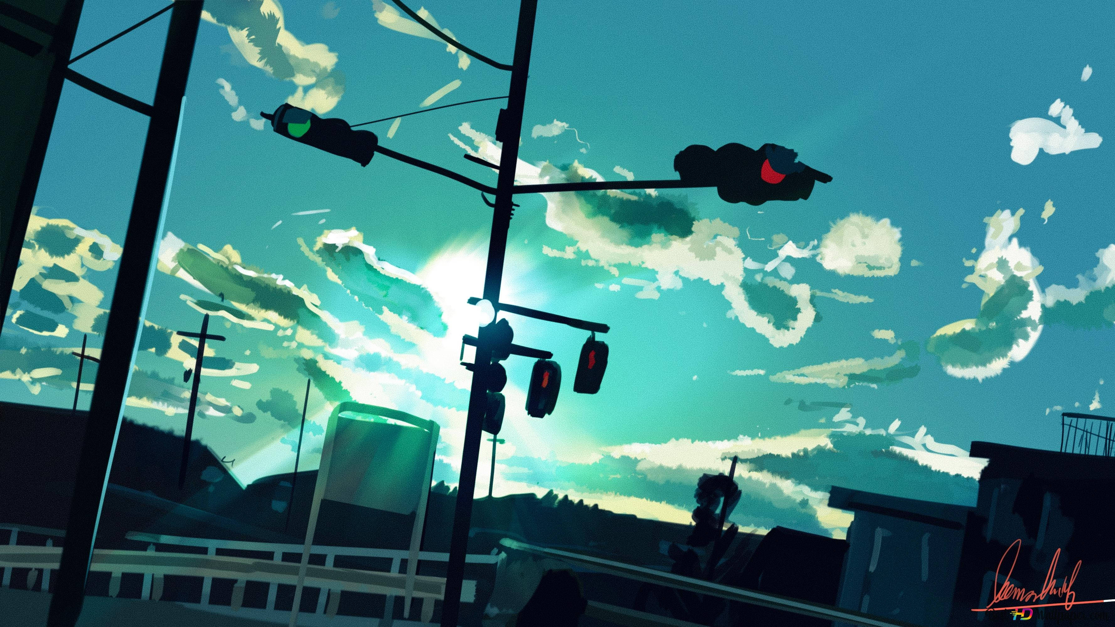 8 Bit Japan, Streelight, teal sky, 2K Desktop Wallpaper