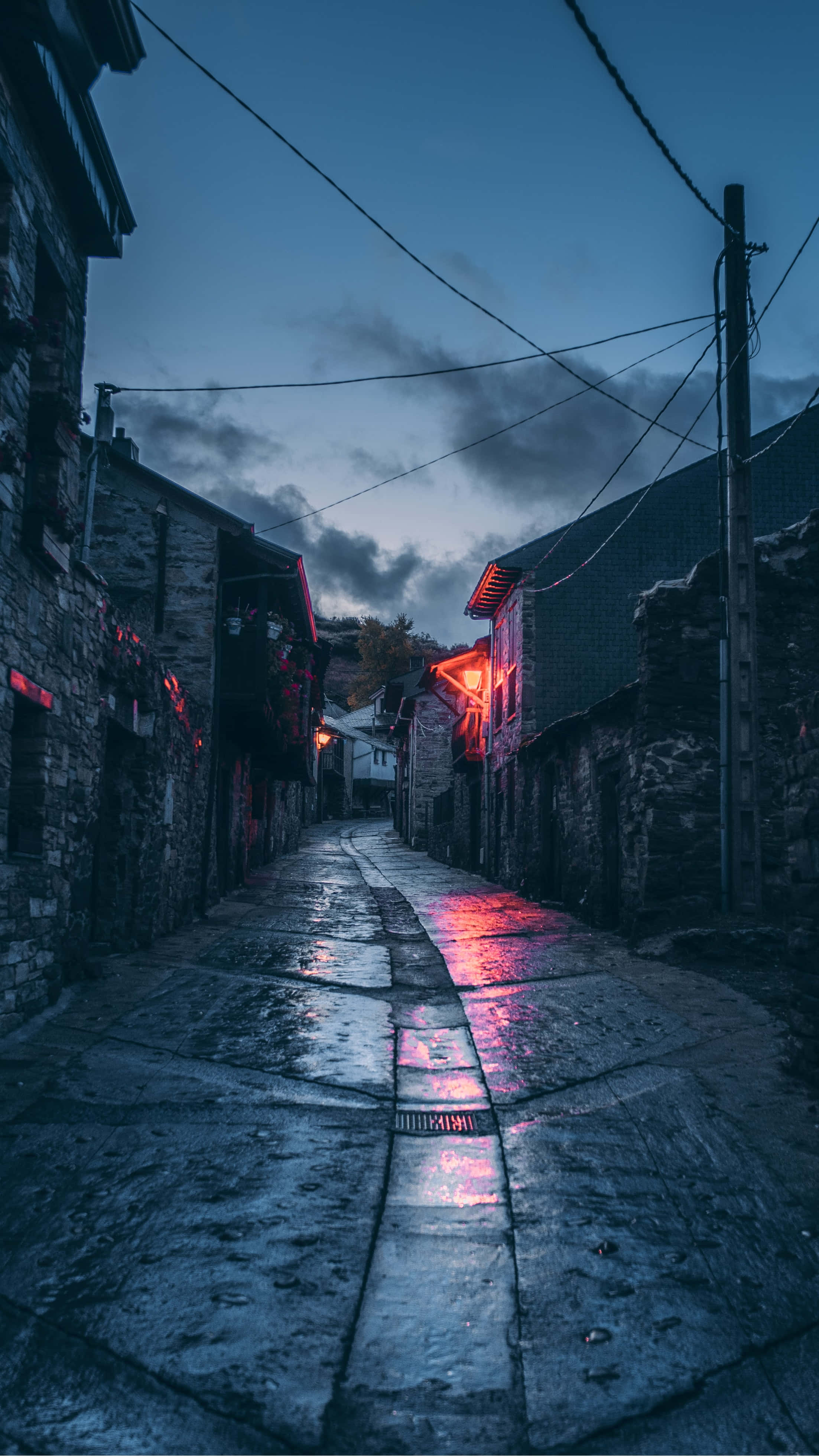Night Street, red neon lights, wet cobblestone alley, 4K Phone Wallpaper