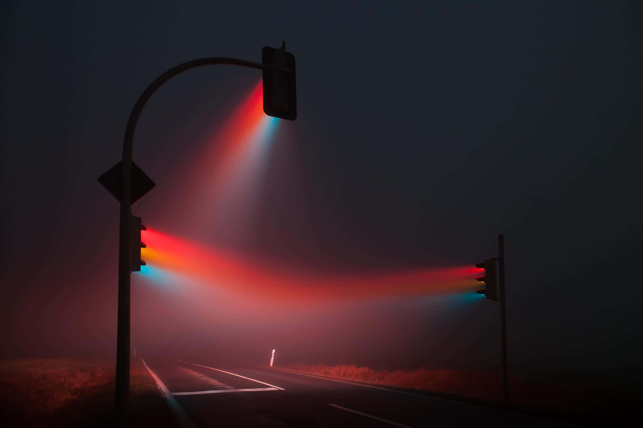 Street Light, red and blue traffic lights, foggy night road, Full HD Desktop Wallpaper
