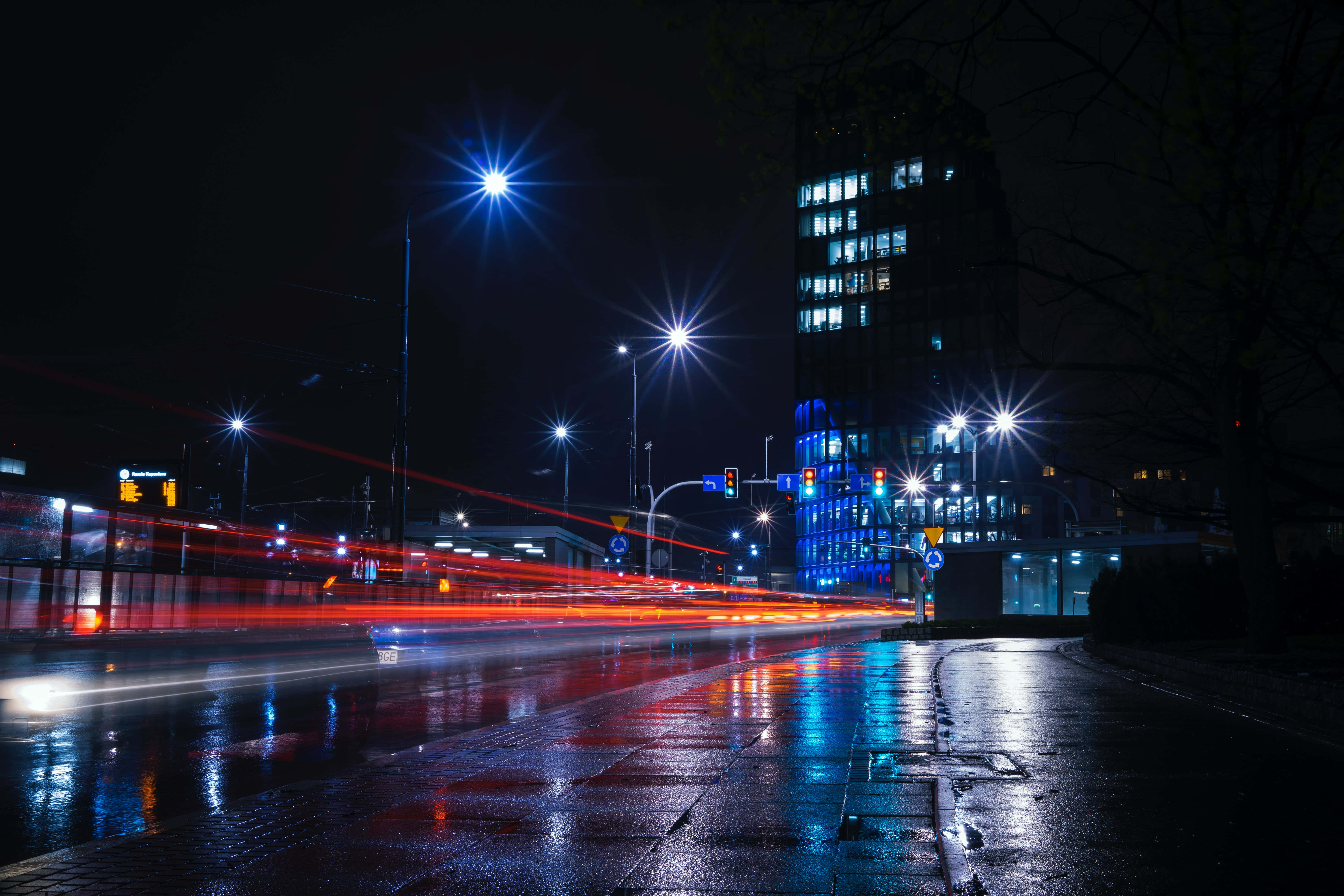 Street Light, rainy night cityscape, glowing streetlights, 5K Desktop Wallpaper
