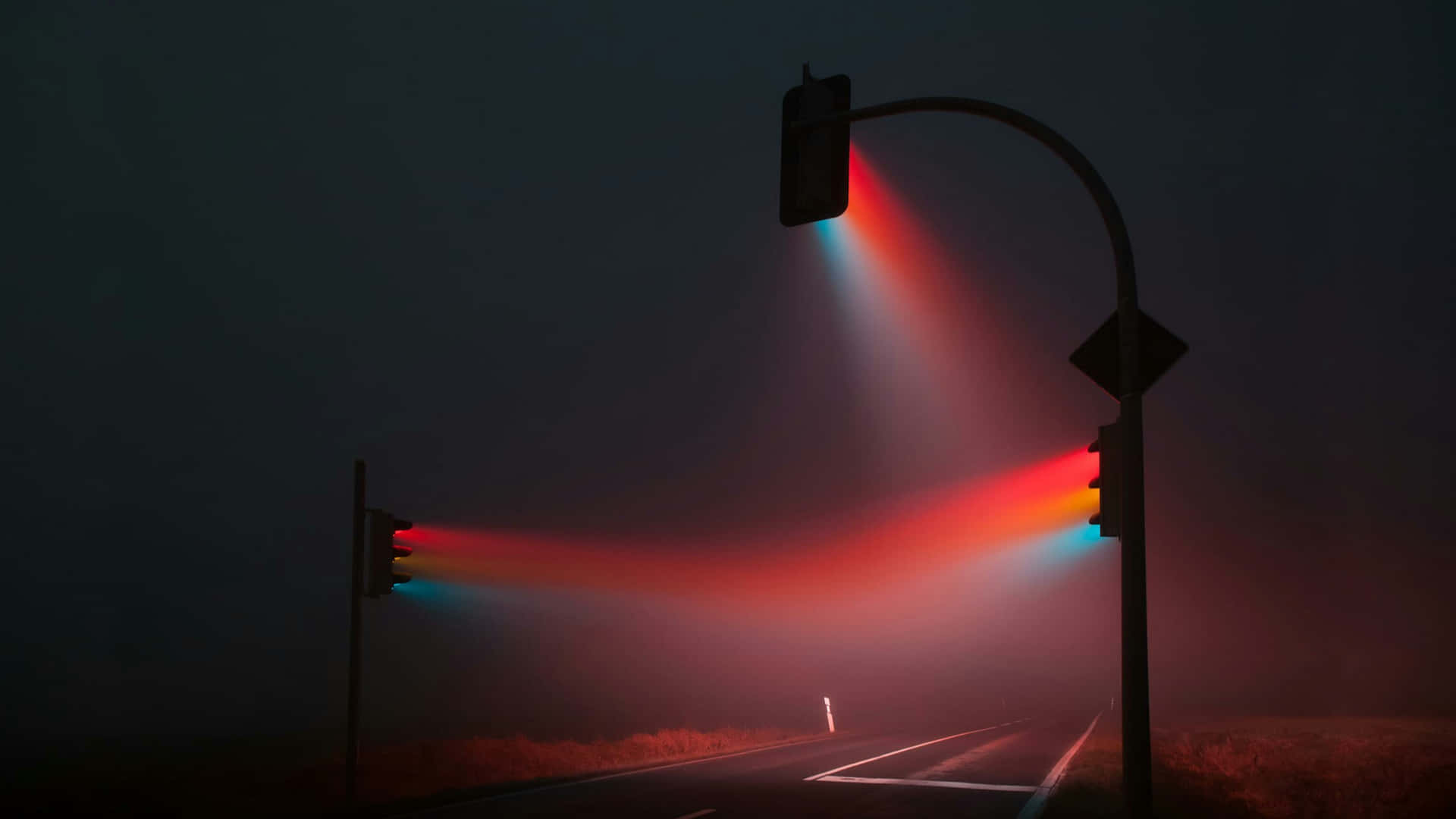 RGB Street Light, foggy night road, glowing traffic lights, Full HD Desktop Wallpaper