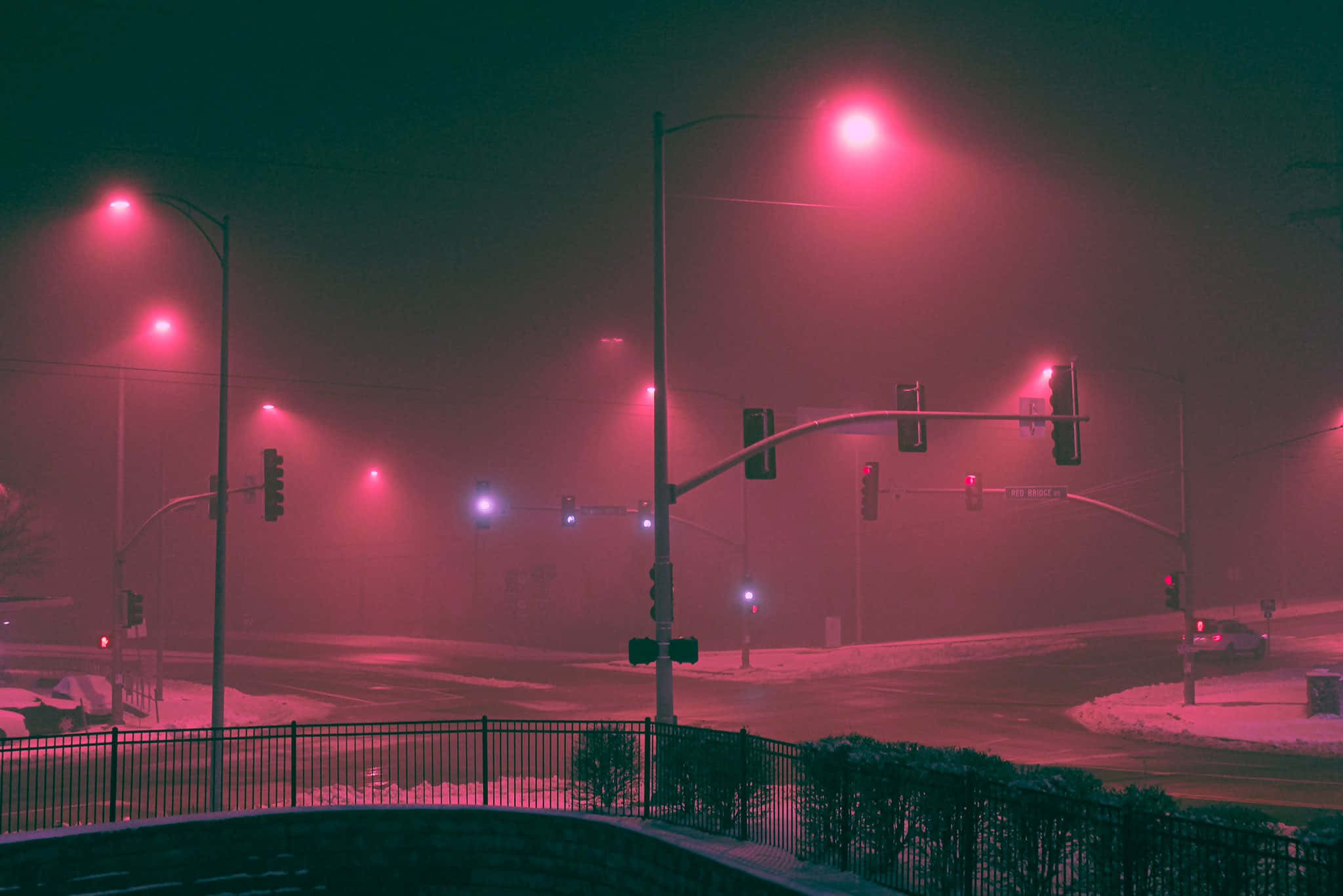 Street Light, Magenta, snowy urban intersection, Full HD Desktop Wallpaper
