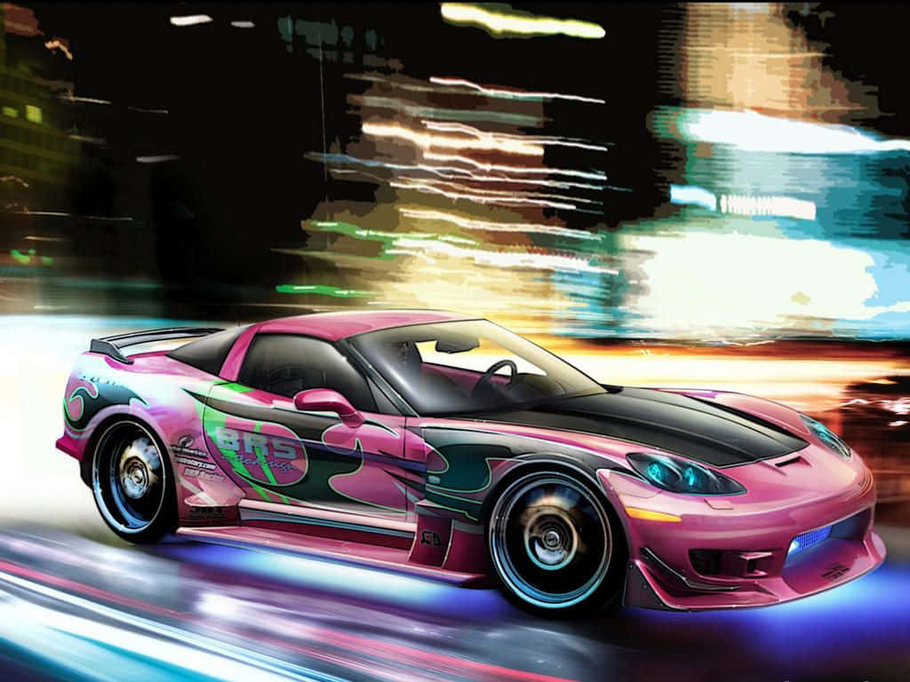 pink sports car, neon-lit city, night, SD Desktop Wallpaper