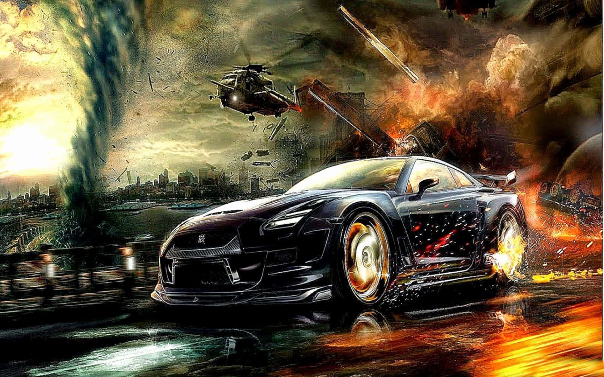 black sports car, fiery urban chaos, explosions, Full HD Desktop Wallpaper