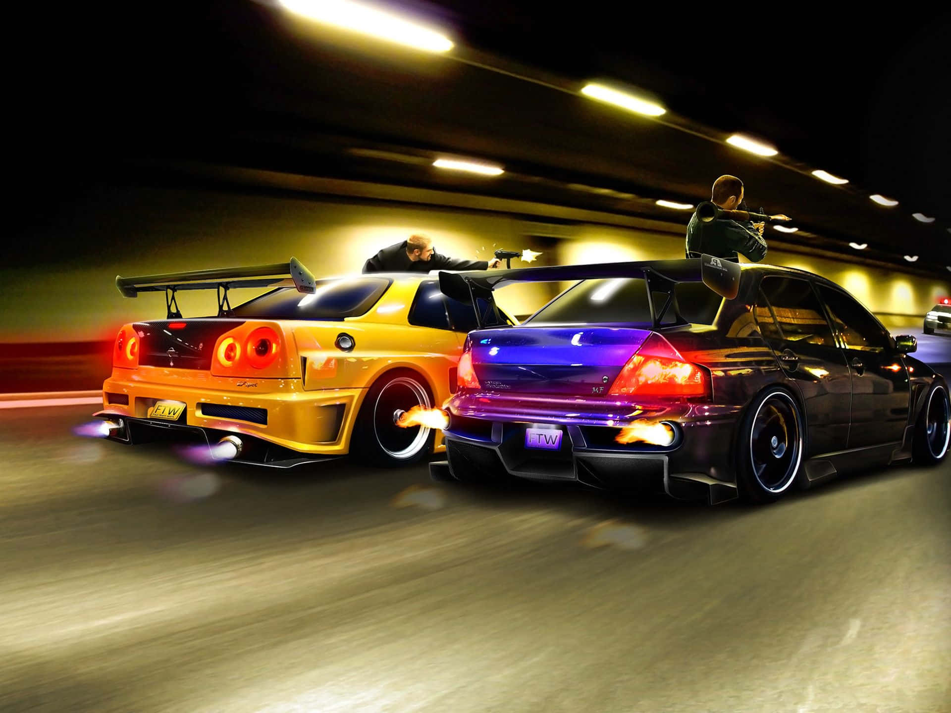Blue And Yellow Street Racing Cars, tunnel, modified sports cars, Full HD Desktop Wallpaper