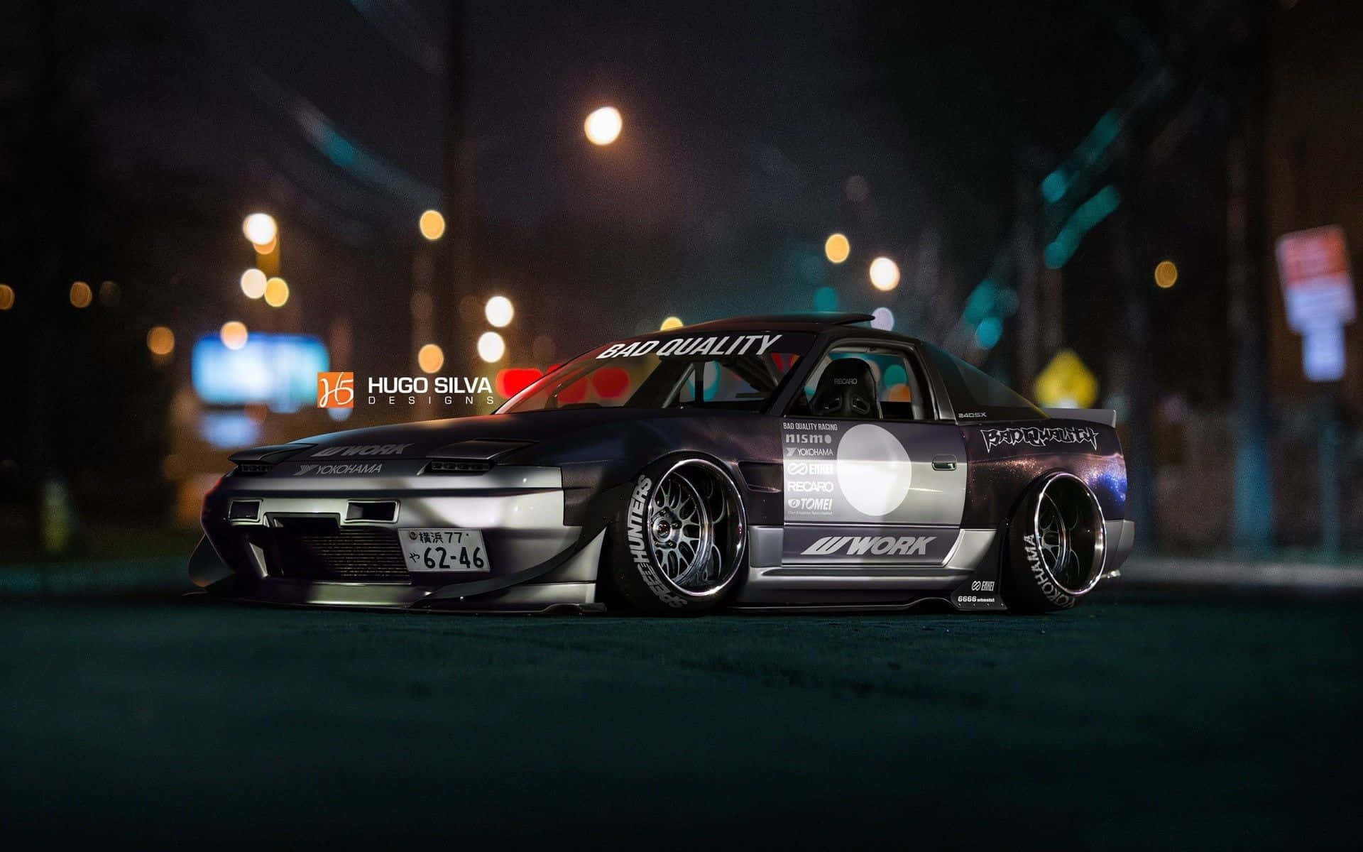 black and white car, neon-lit urban street, night, Full HD Desktop Wallpaper