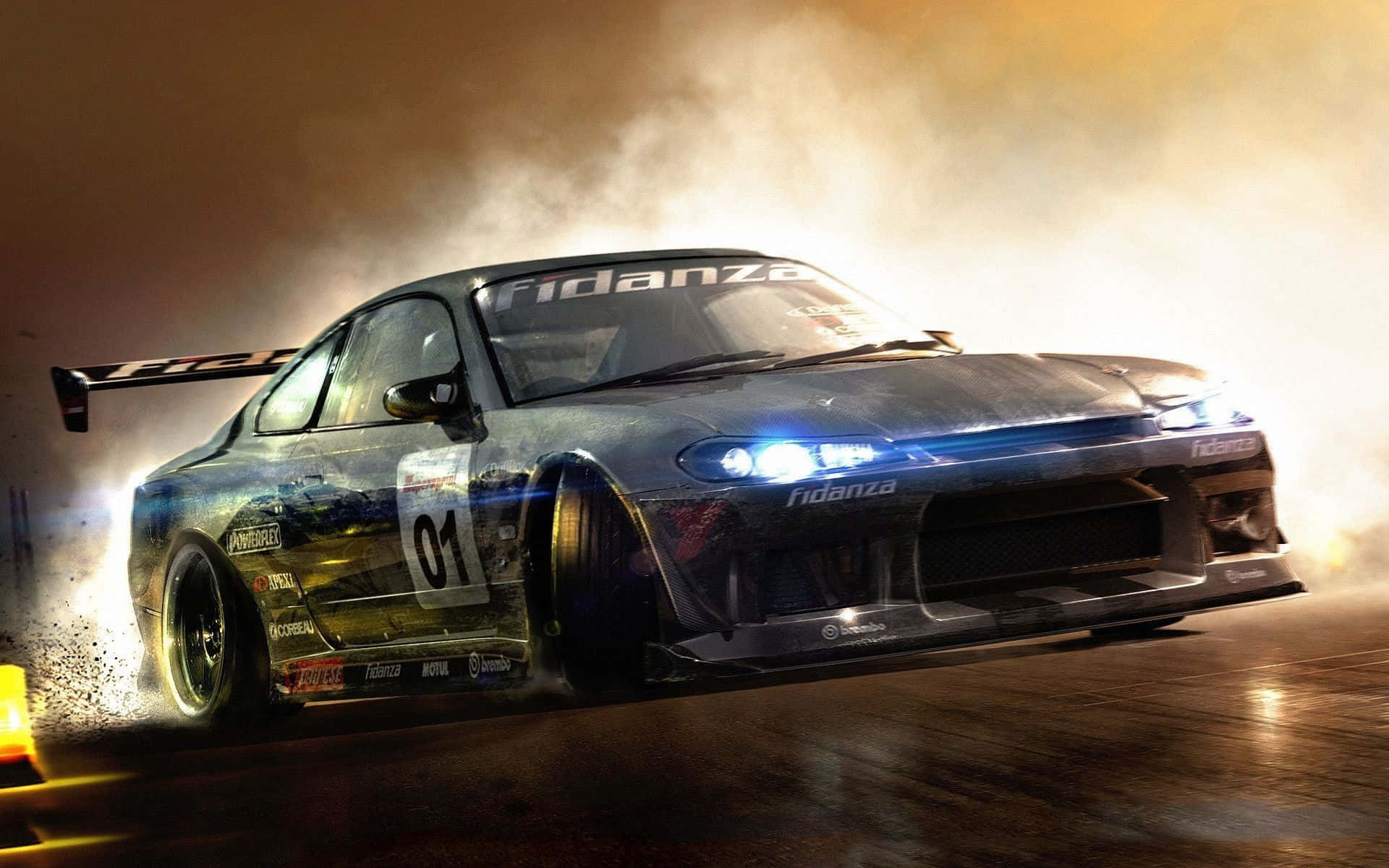 drift car, glowing headlights, wet track, Full HD Desktop Wallpaper