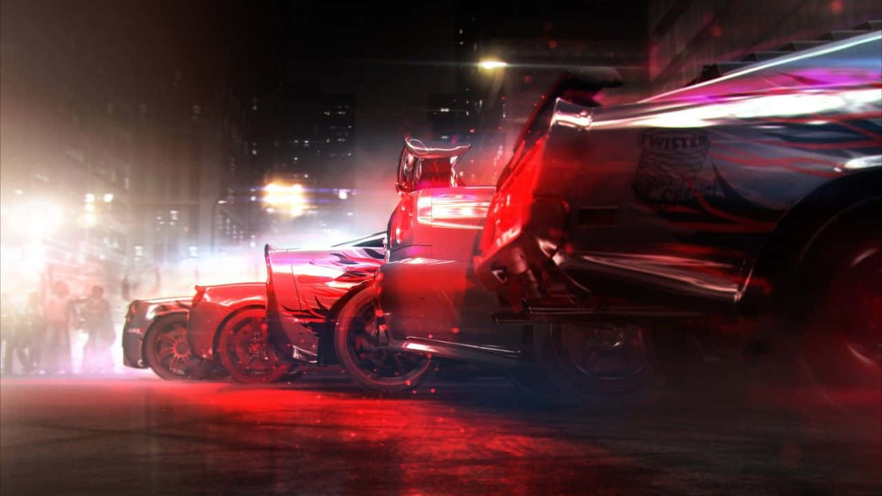 Street Racing, neon-lit urban night street, glowing red trails, HD Desktop Wallpaper