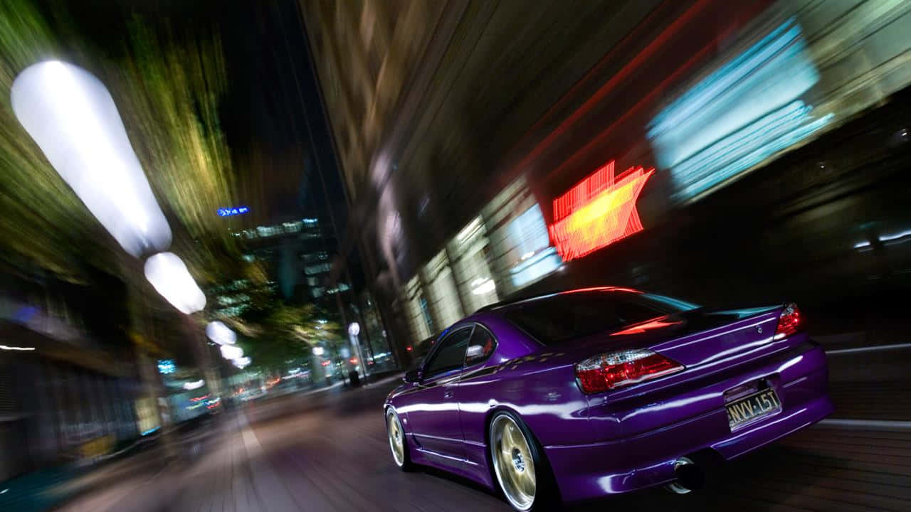 vibrant purple sports car, neon-lit city street, night, HD Desktop Wallpaper