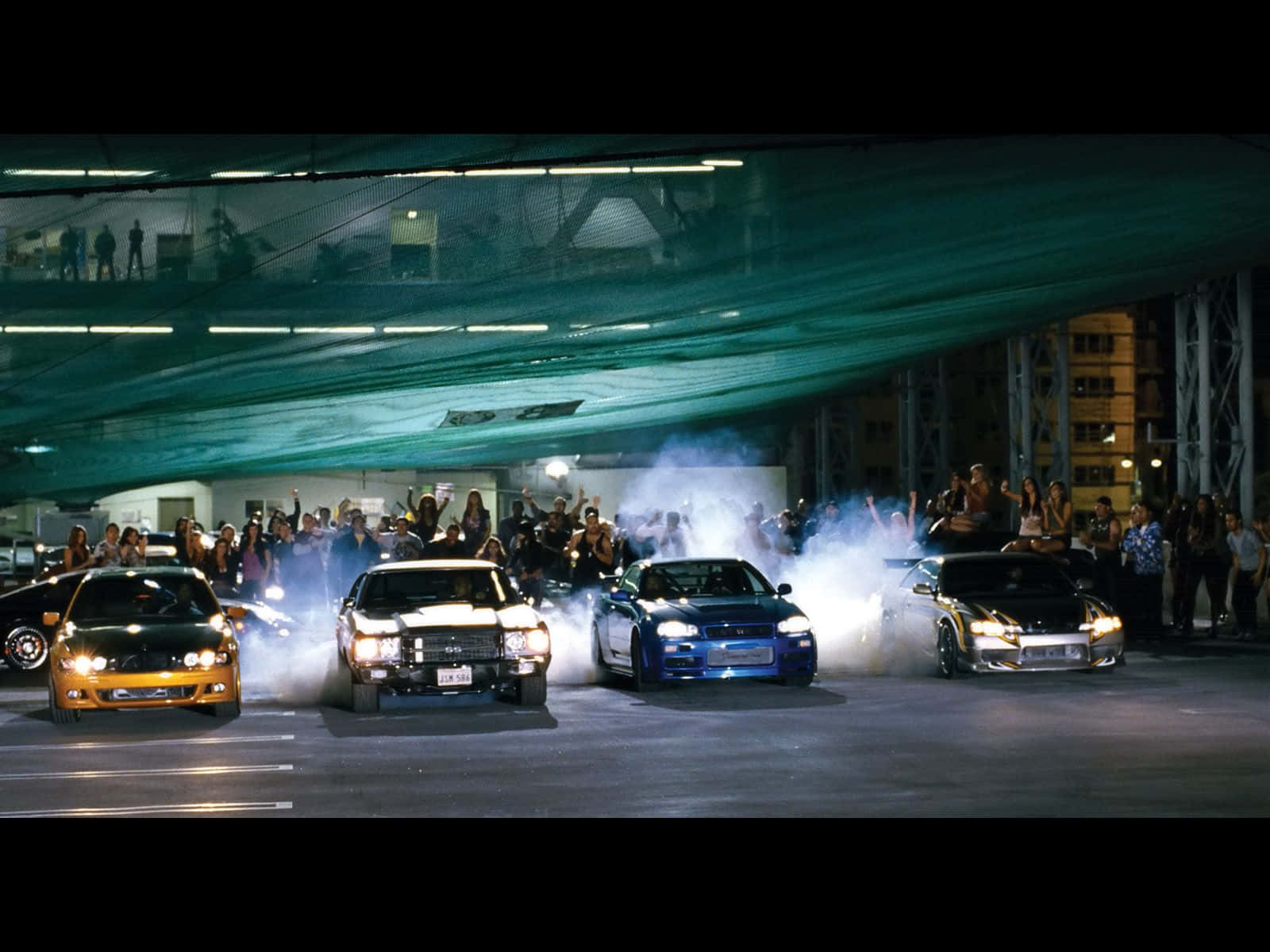 High-Speed Street Racing, smoky nighttime parking garage, crowds cheer, HD Desktop Wallpaper