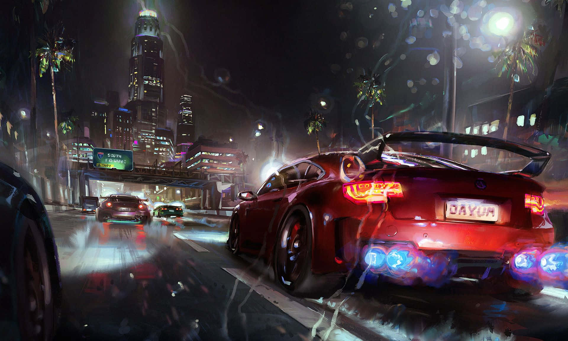 red sports car, glowing blue exhausts, rain-slicked, Full HD Desktop Wallpaper