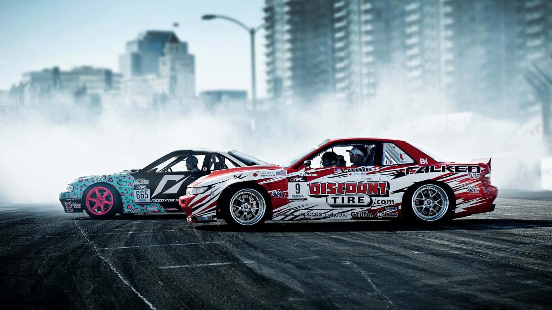 Street Racing, drift cars, smoky urban track, Full HD Desktop Wallpaper