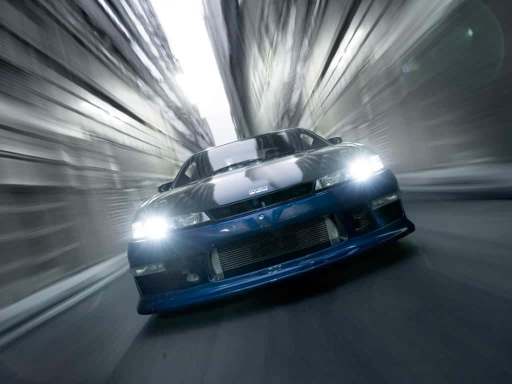 blue sports car, dark tunnel, city buildings, SD Desktop Wallpaper