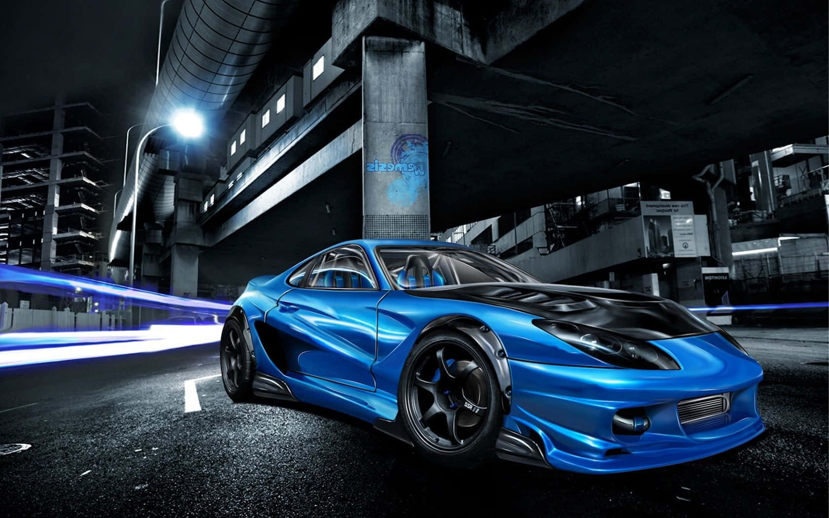 blue sports car, dark urban overpass, streaking light trails, HD Desktop Wallpaper