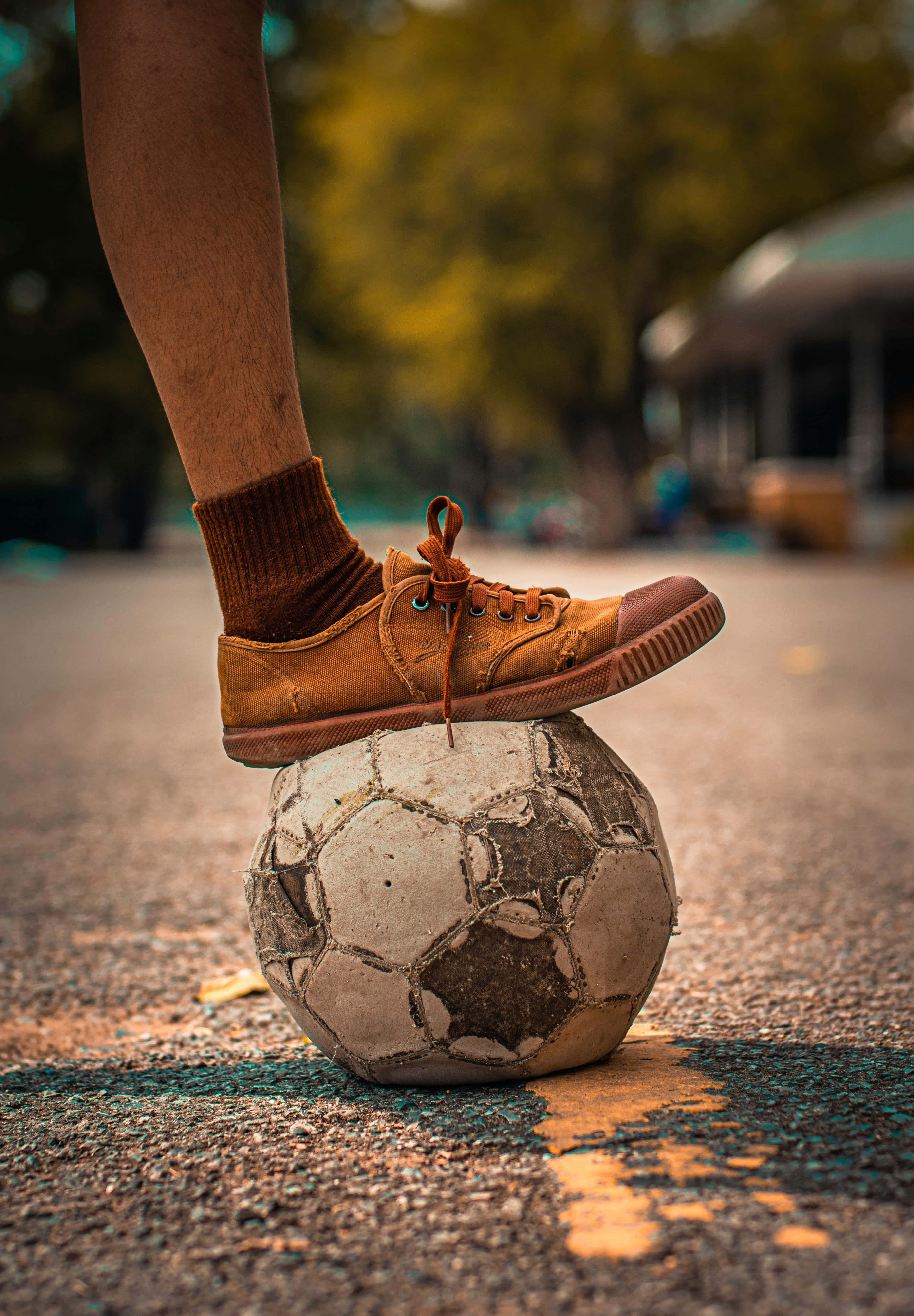 Street Soccer, brown shoe, soccer ball, 5K Phone Wallpaper