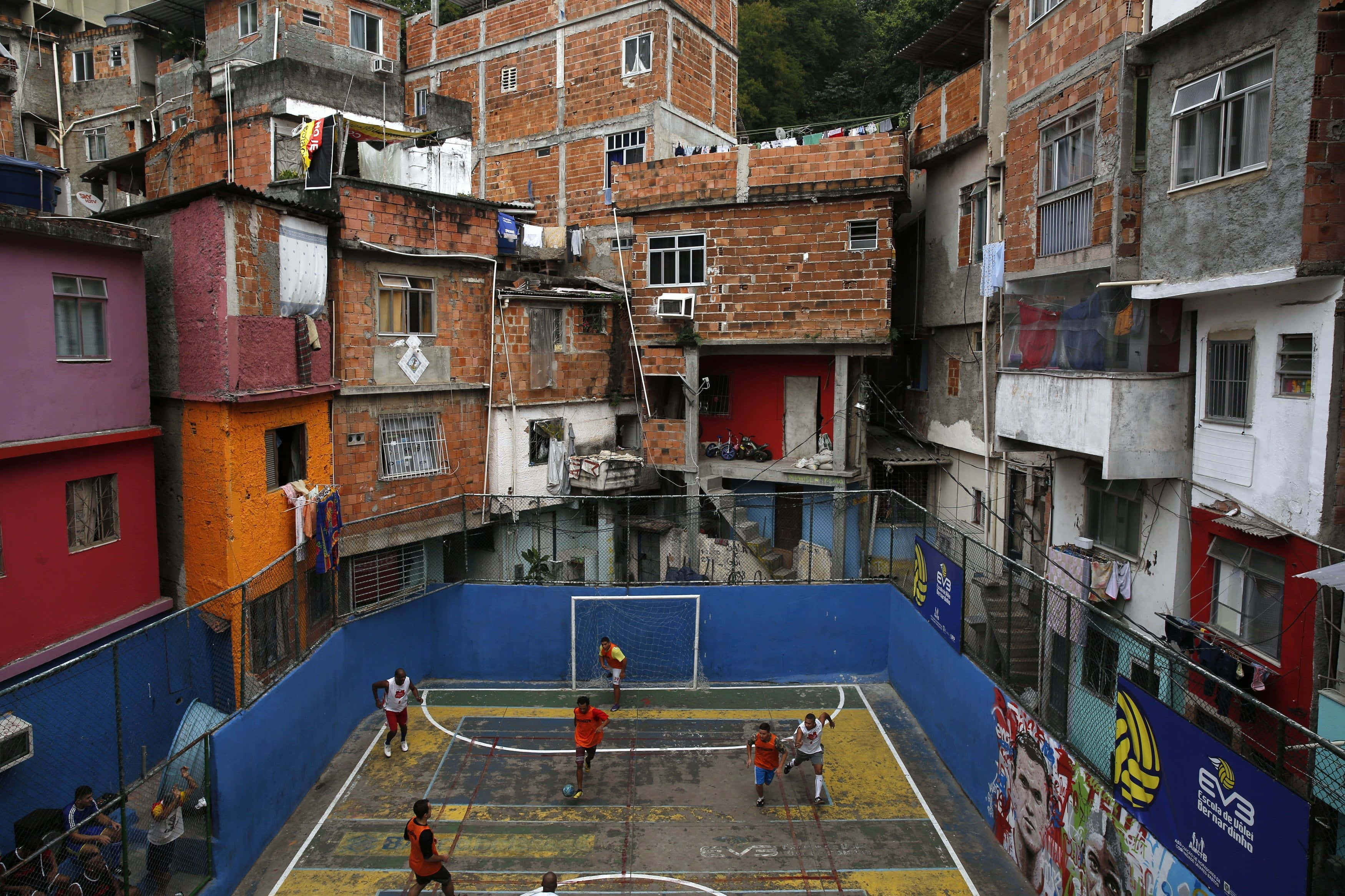 street soccer, weathered court, colorful, densely packed brick buildings, 2K Desktop Wallpaper