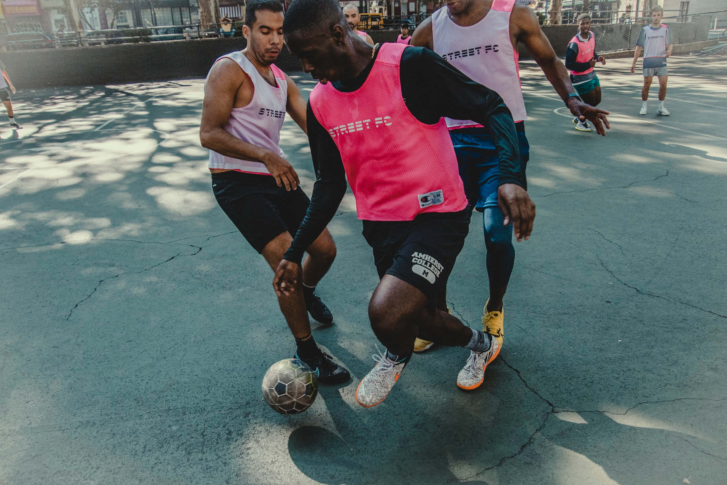 Street Soccer, pink and white jerseys, sunlit cracked asphalt court, Full HD Desktop Wallpaper