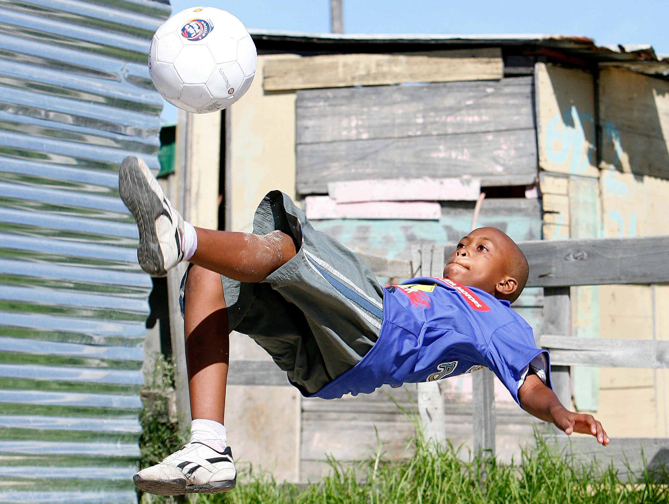 Street Soccer, corrugated metal, weathered wooden structures, Full HD Desktop Wallpaper