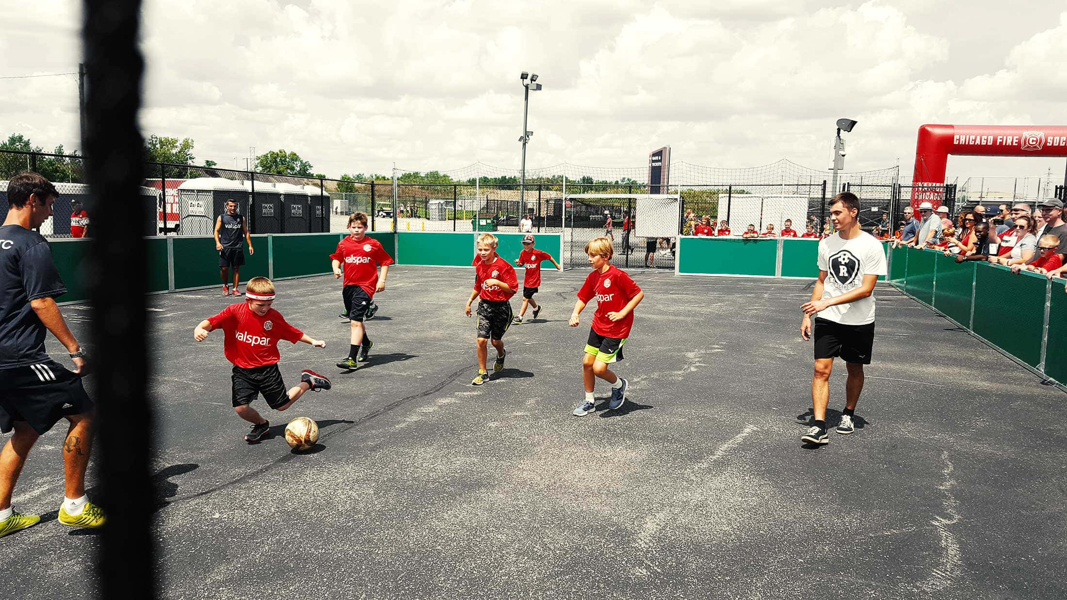 Street Soccer, red jerseys, asphalt court, Full HD Desktop Wallpaper