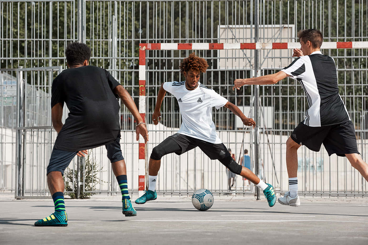 Street Soccer, soccer ball, sunlit outdoor court, HD Desktop Wallpaper