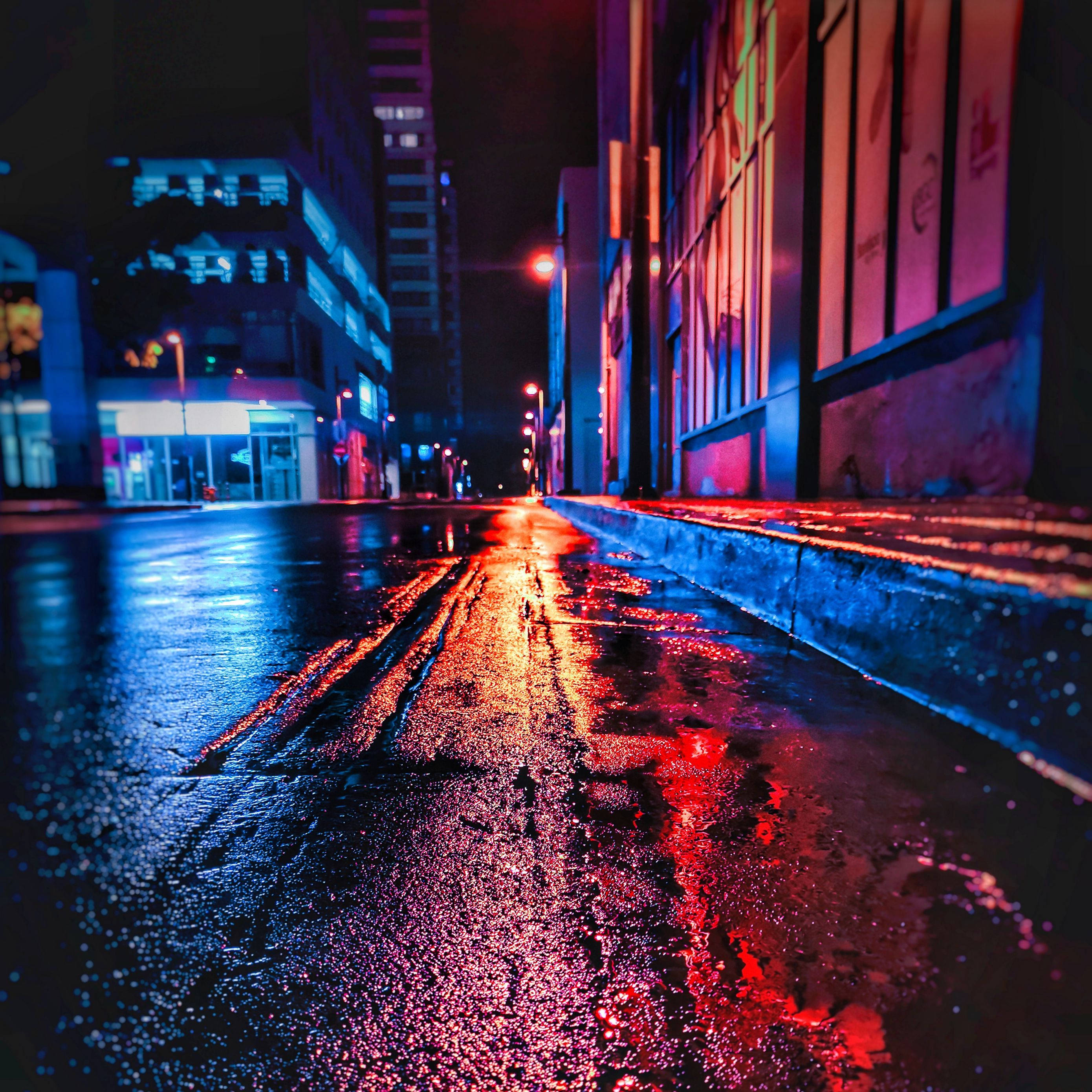 iPad Air 4, neon-drenched, urban street, 2K Desktop Wallpaper