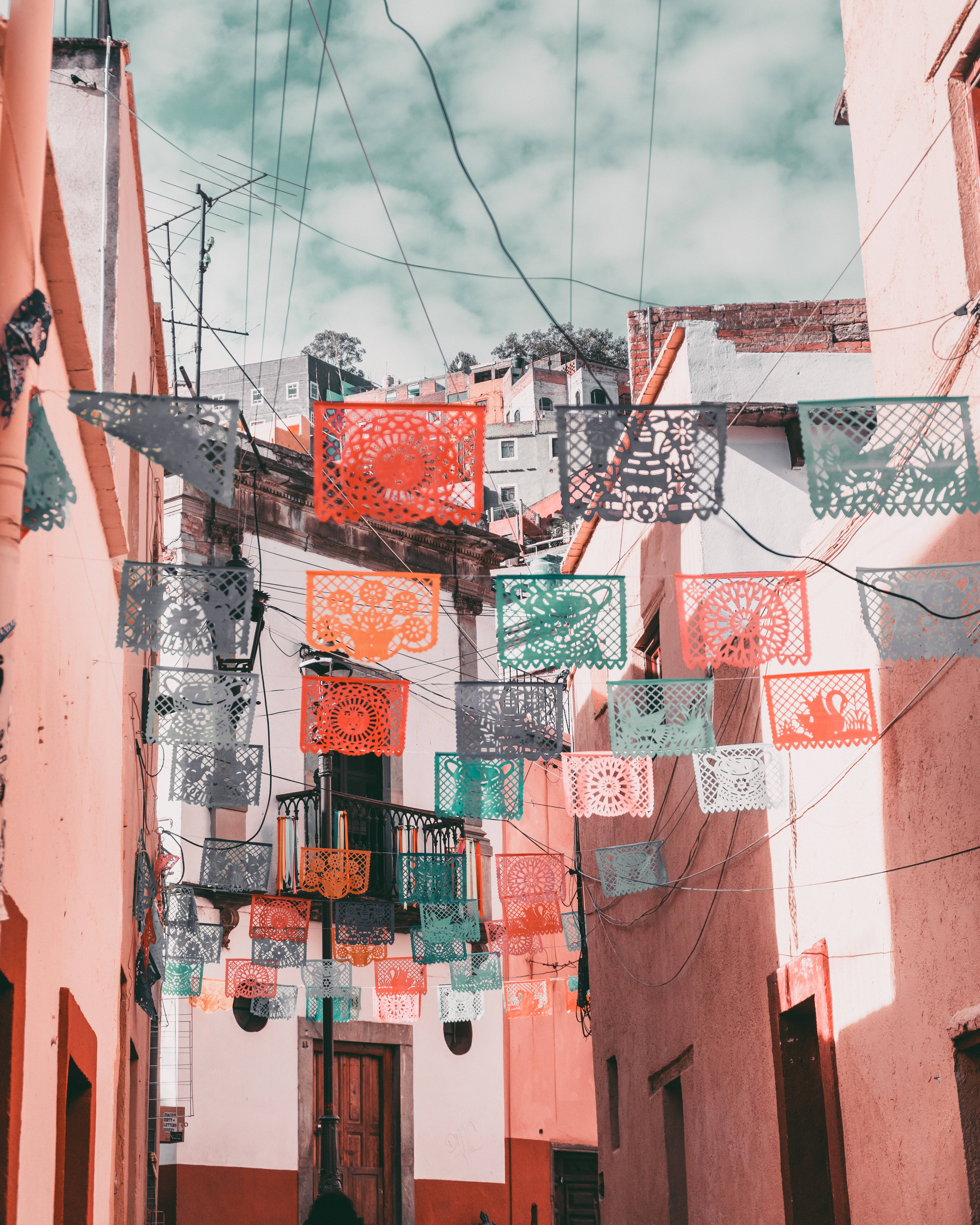 papel picado, red orange, teal, 4K Phone Wallpaper
