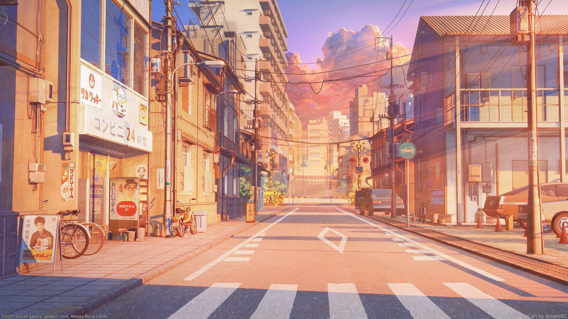 iPhone Theme Display, Japanese anime city, serene anime-style street, Full HD Desktop Wallpaper