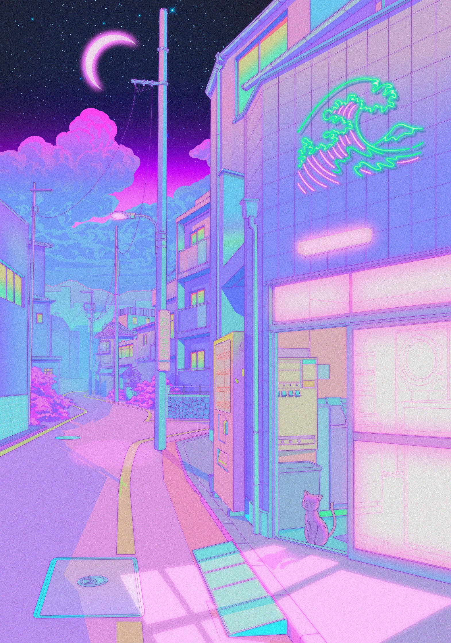 pastel Japanese aesthetic, neon-drenched anime street, crescent moon, Full HD Phone Wallpaper
