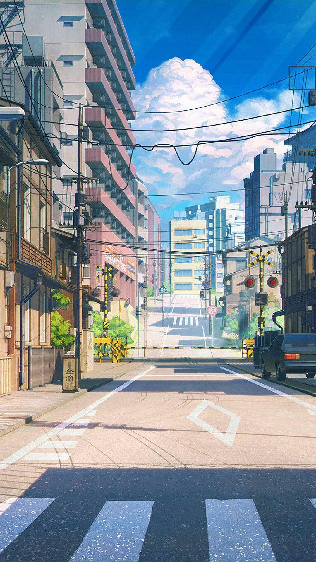 Japanese Anime City, anime-style street scene, tall buildings, Full HD Phone Wallpaper