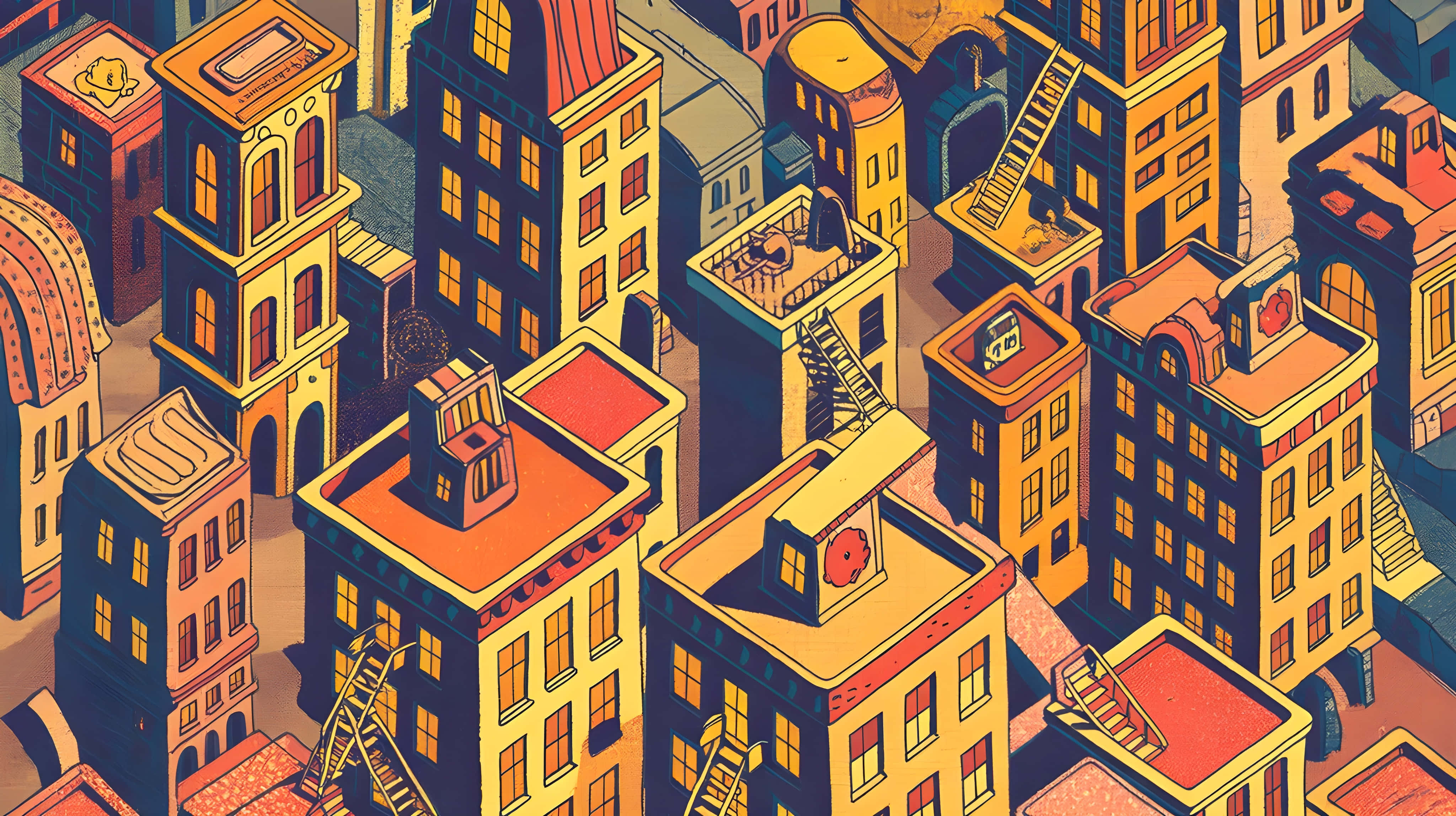 minimalist cartoon city skyline, colorful buildings, glowing windows, 4K Desktop Wallpaper