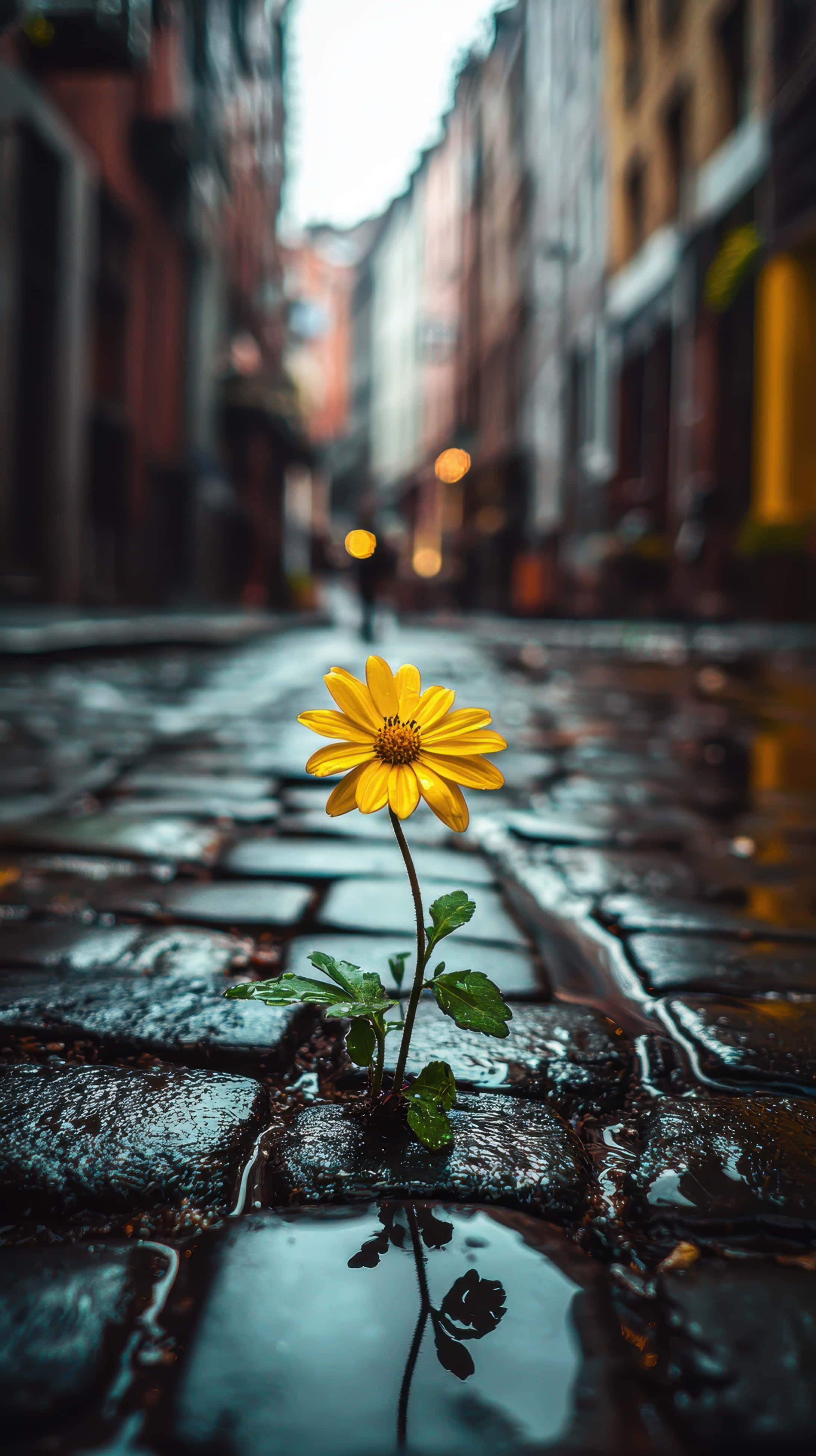 yellow daisy, wet cobblestones, narrow urban alleyway, 4K Phone Wallpaper