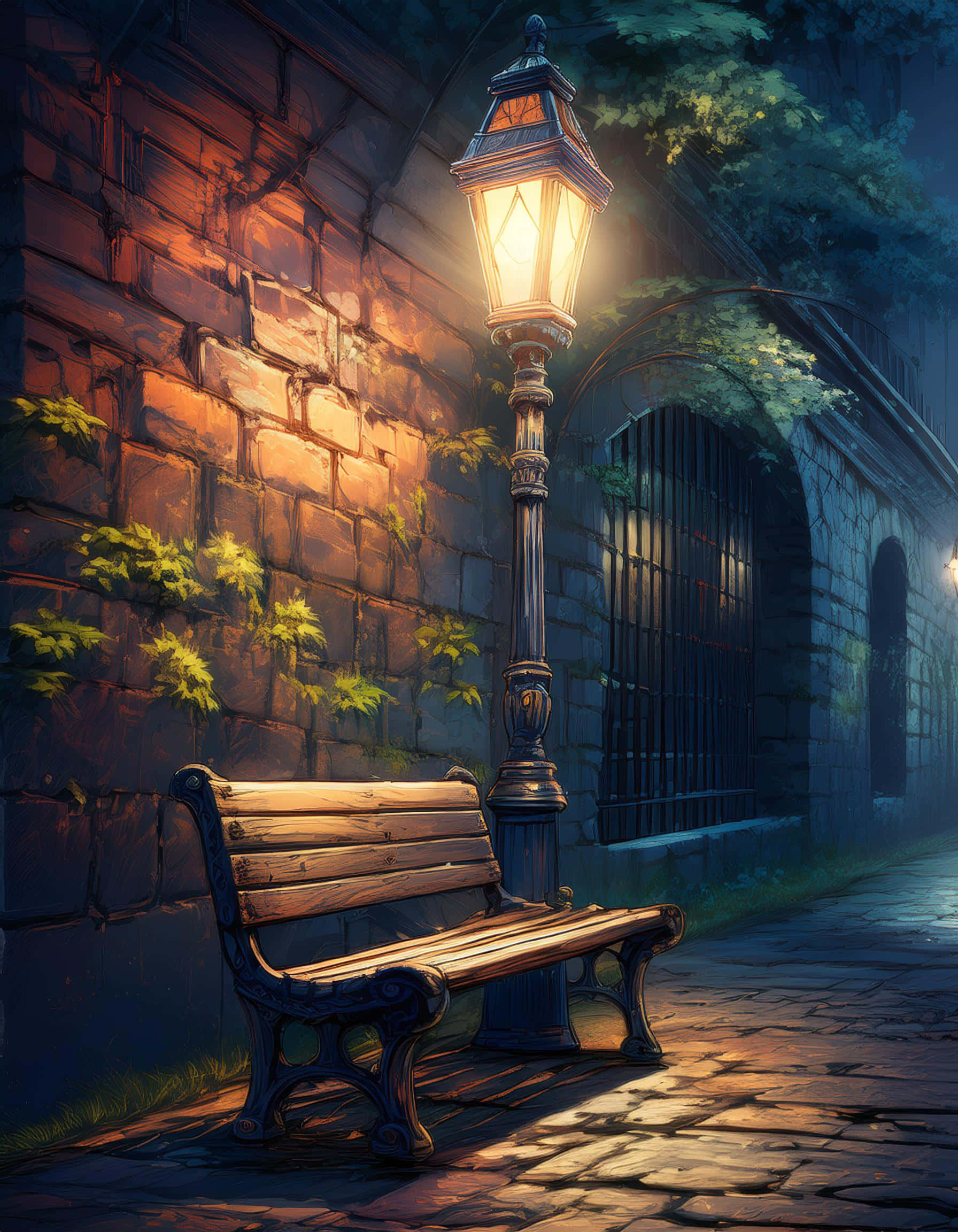 vintage streetlamp, wooden bench, stone wall, Full HD Phone Wallpaper