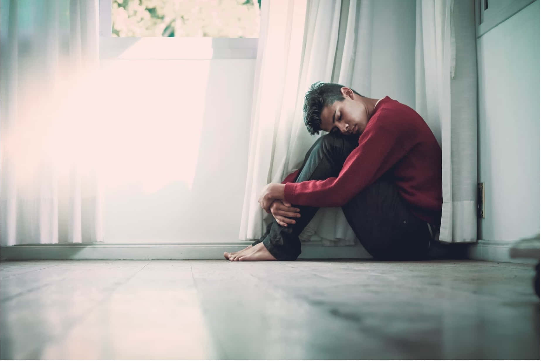red sweater, wooden floor, bright window, HD Desktop Wallpaper