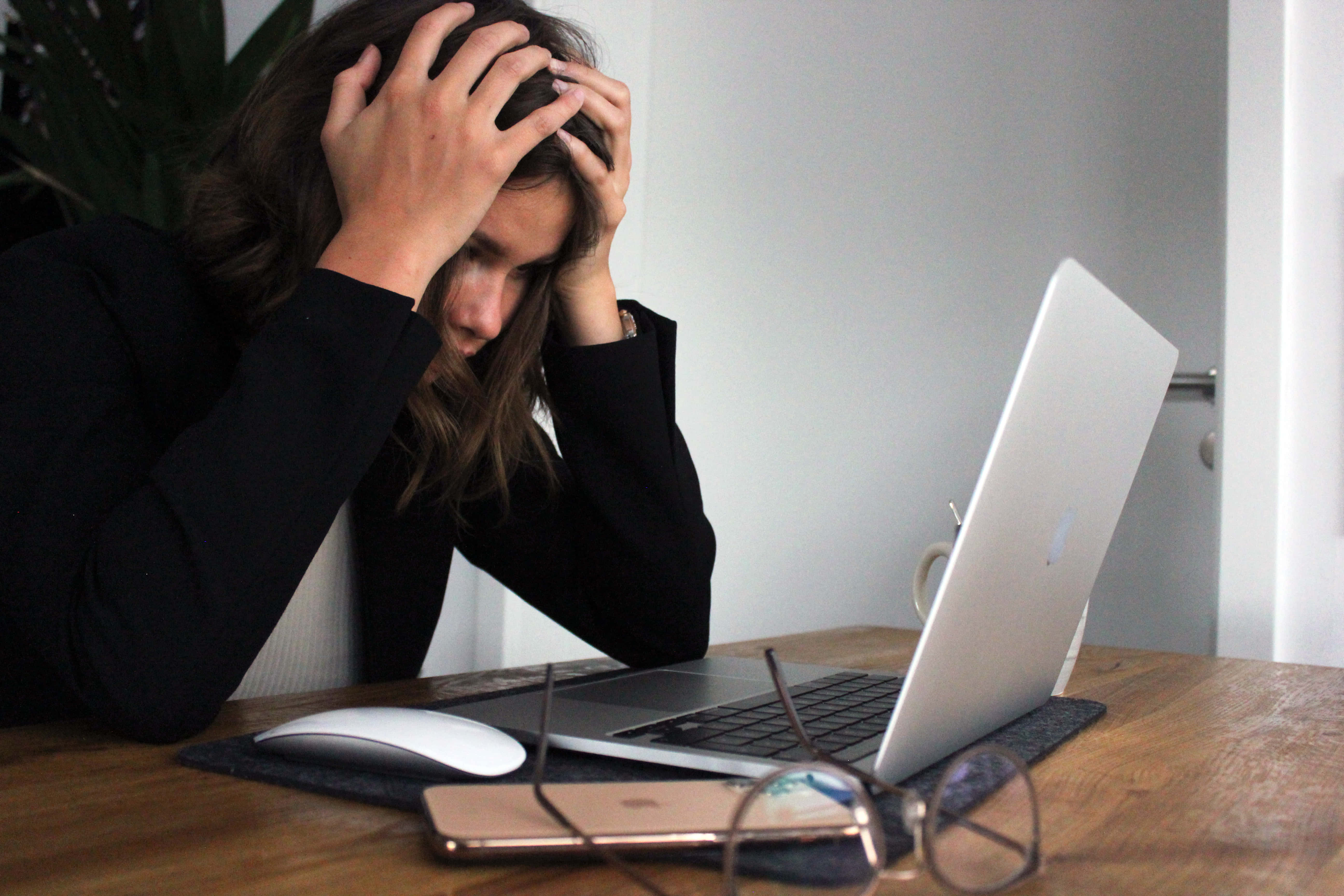 Stress Girl, laptop, wooden desk, 5K Desktop Wallpaper