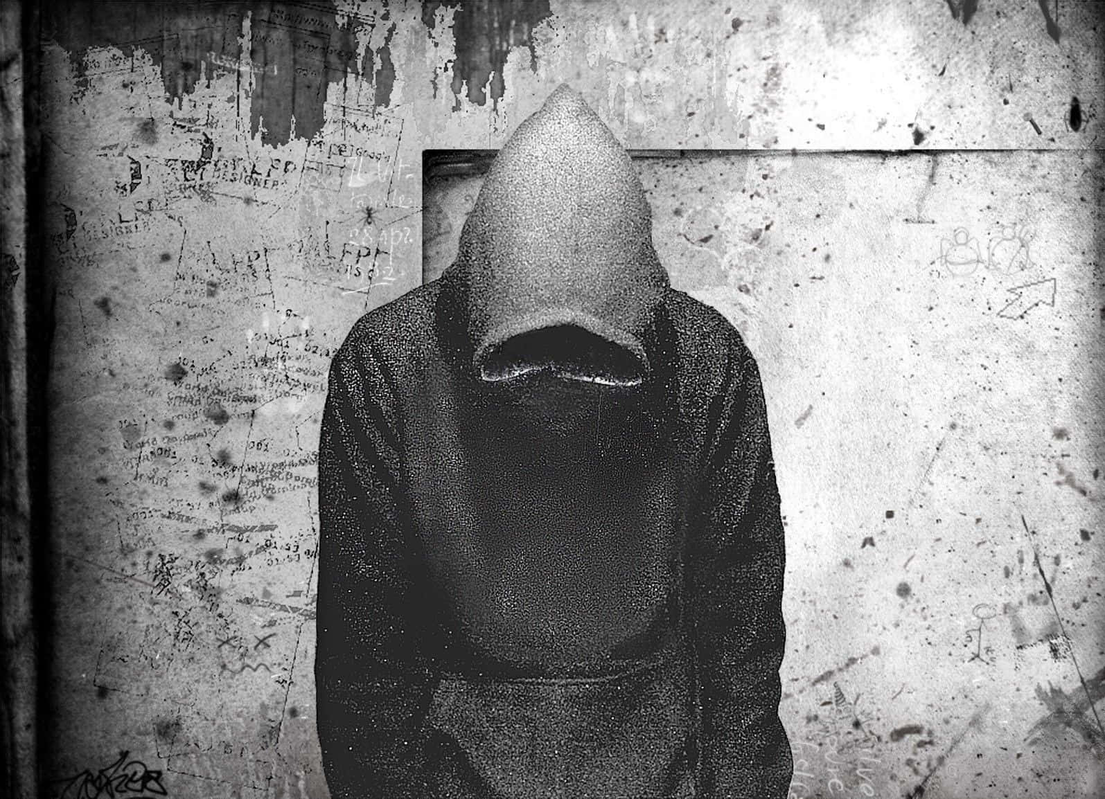 grey hoodie, graffiti-scarred wall, monochrome, HD Desktop Wallpaper