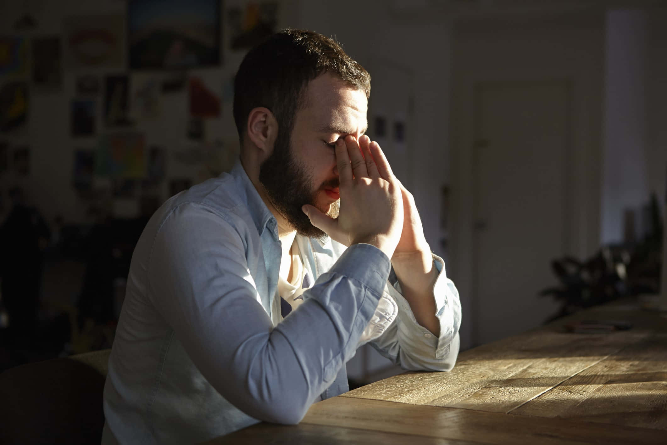 stress man, bearded man, light blue shirt, Full HD Desktop Wallpaper