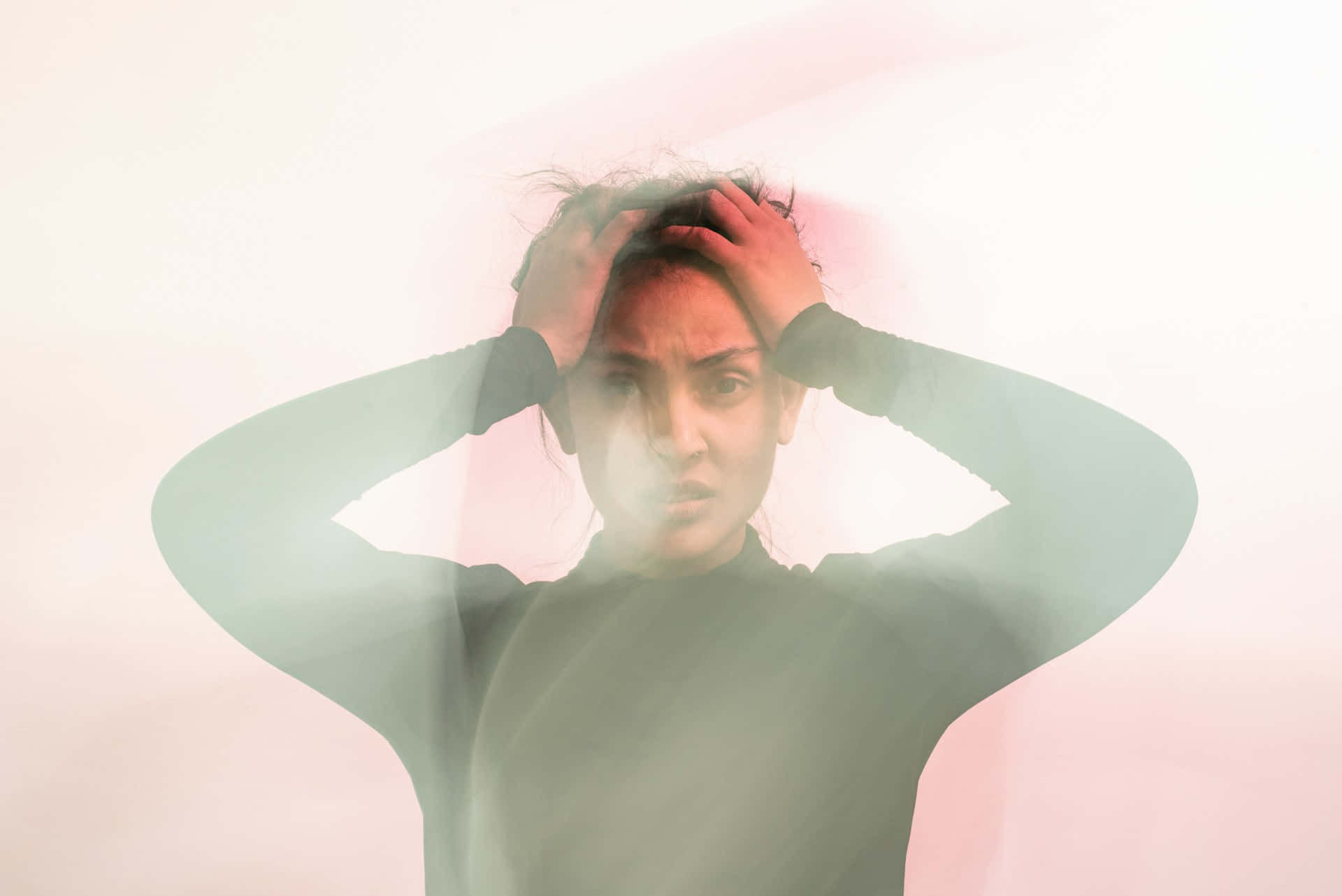psychosomatic stress representation, woman, hands on her head, Full HD Desktop Wallpaper