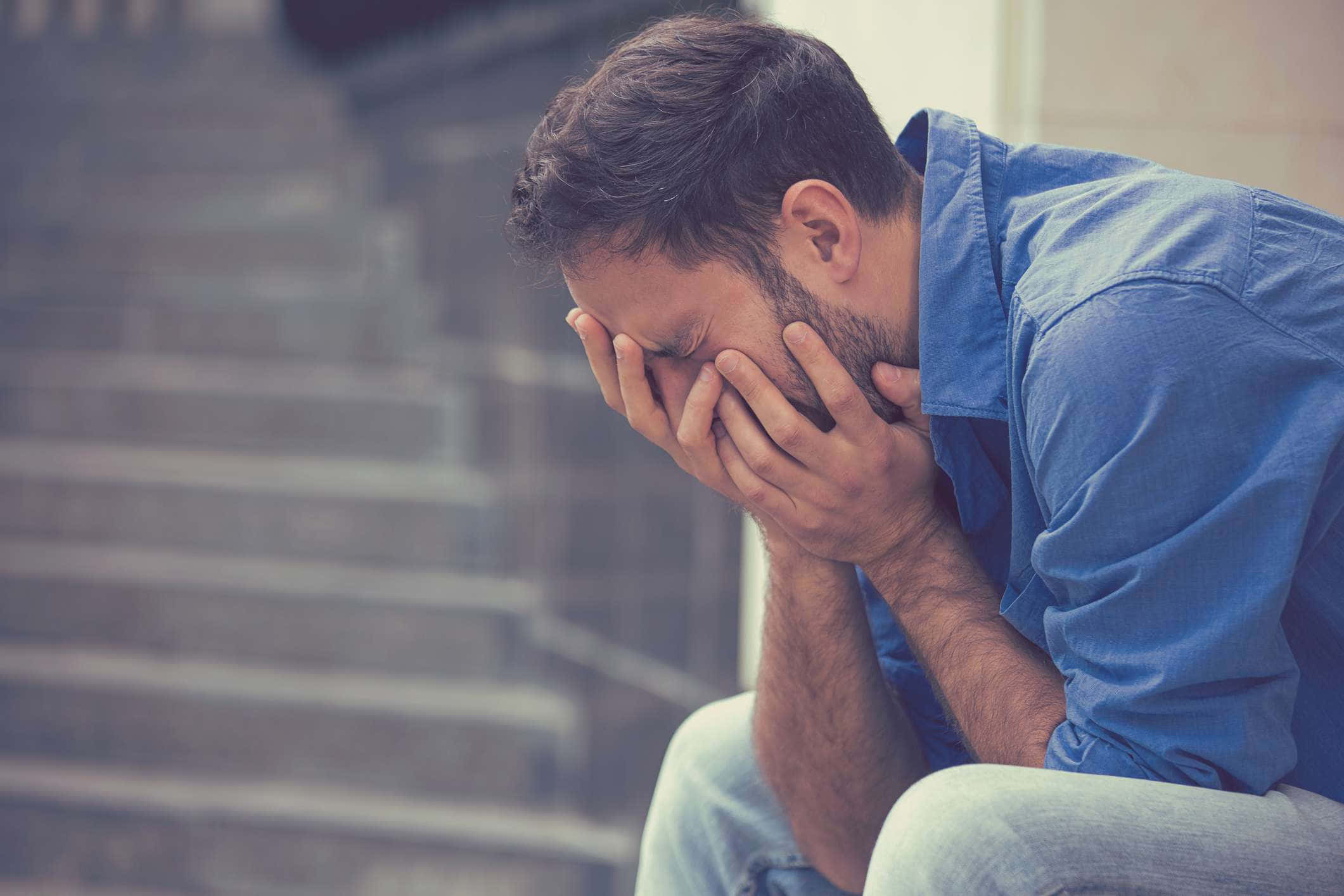 Stress Crying Man, blue shirt, concrete steps, Full HD Desktop Wallpaper
