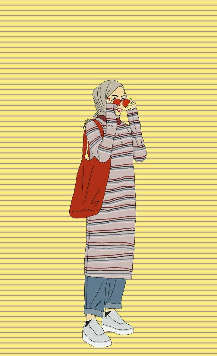 hijab, heart-shaped glasses, yellow lined background, SD Phone Wallpaper
